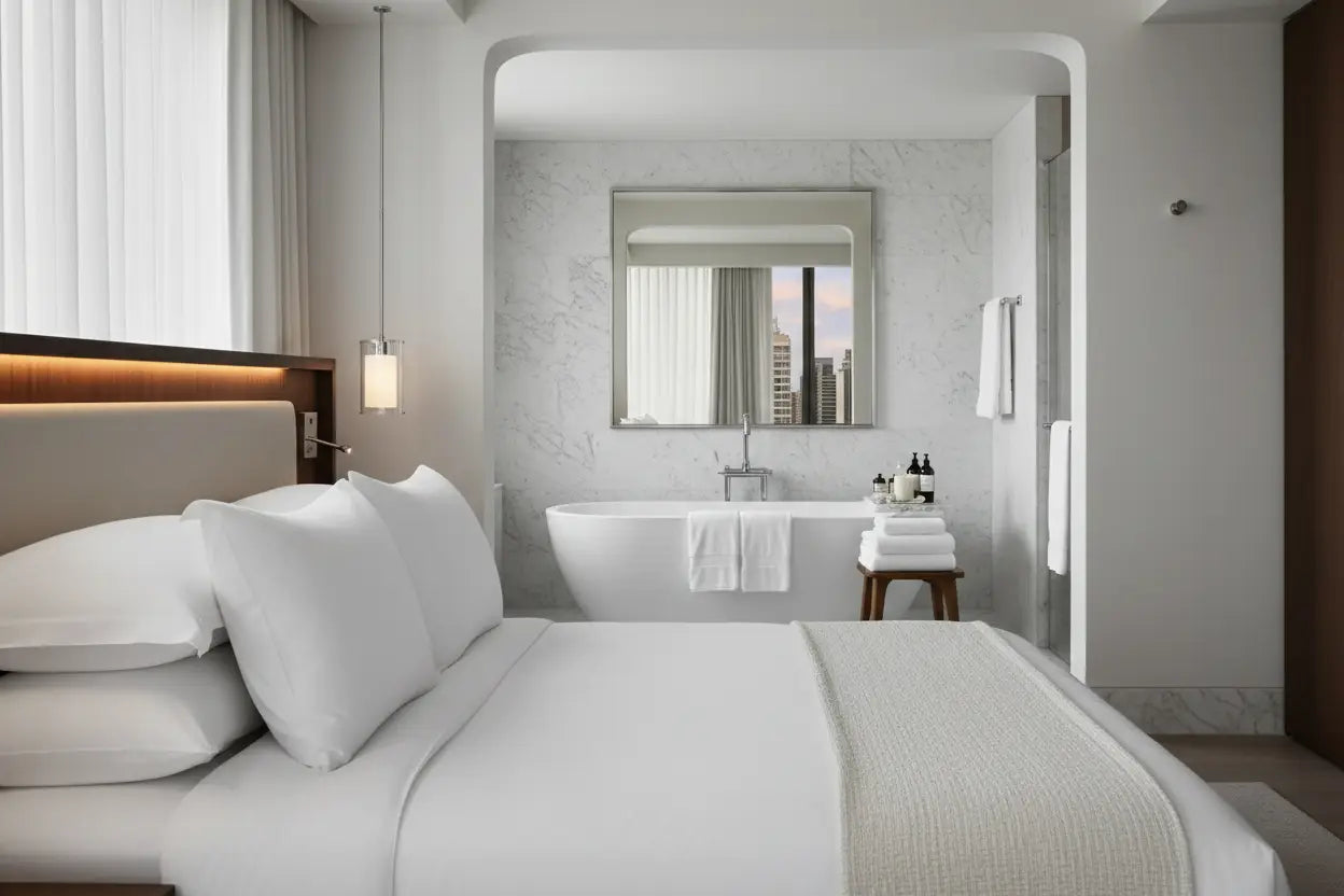 Bett und Badezimmer