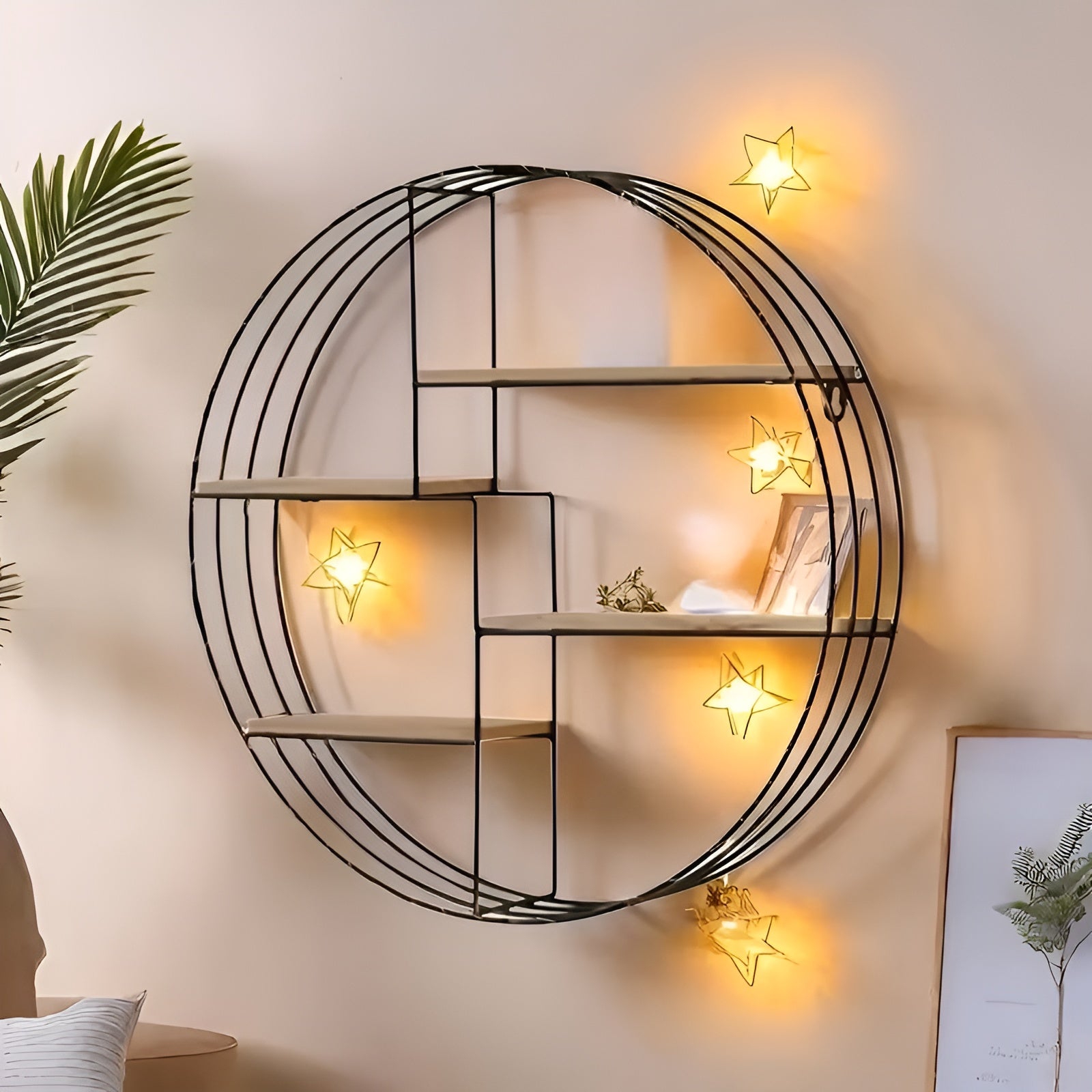 Runde Wandregal mit 4 Ebenen – Retro Design aus Holz & Metall | Dekoratives Hängeregal für Wohnzimmer Bad &