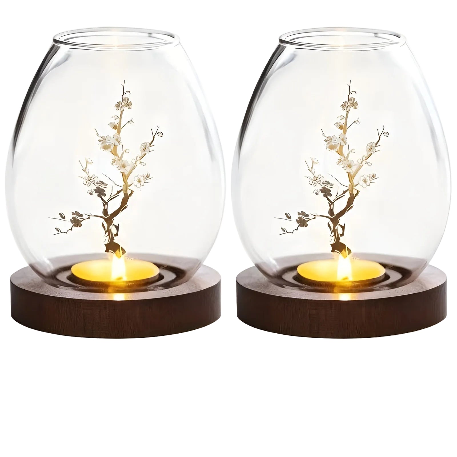 2er-Set Kerzenhalter aus Glas mit Holzsockel – Dekorativ im Retro-Zen-Stil | Perfekt für Wohnzimmer Tischdeko