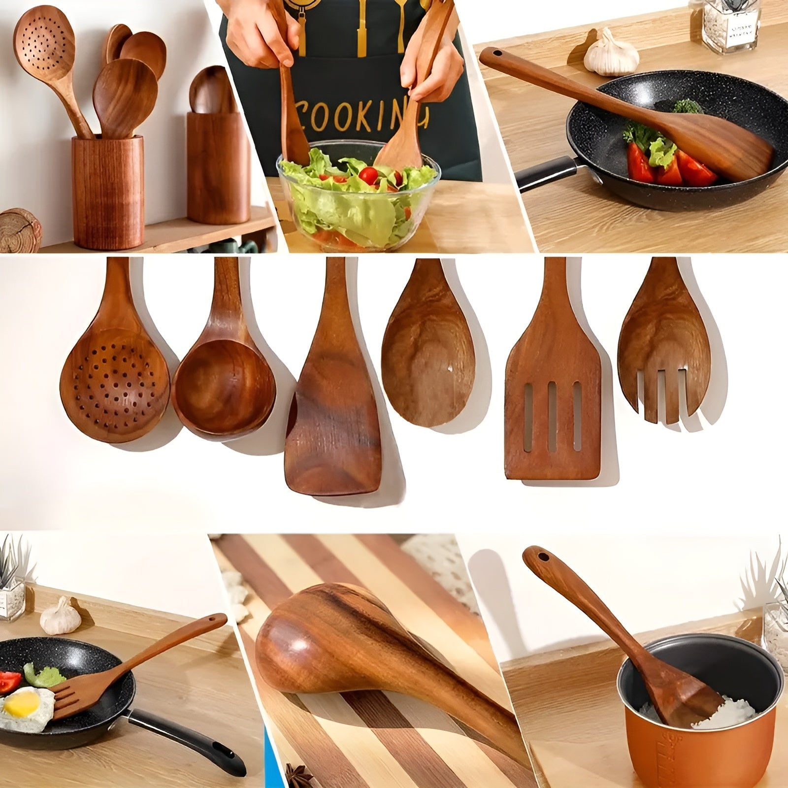 7‑teilige Set Küchenutensilien aus Holz – Hitzebeständig & Antihaft |Ideal für Pfanne und Salat