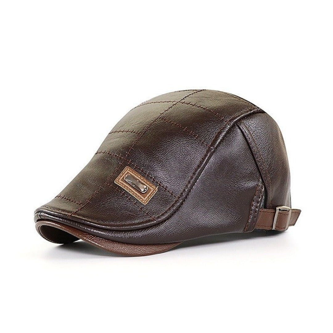 Herren Leder-Flatcap in Dunkelbraun – Retro Schiebermütze seitlich