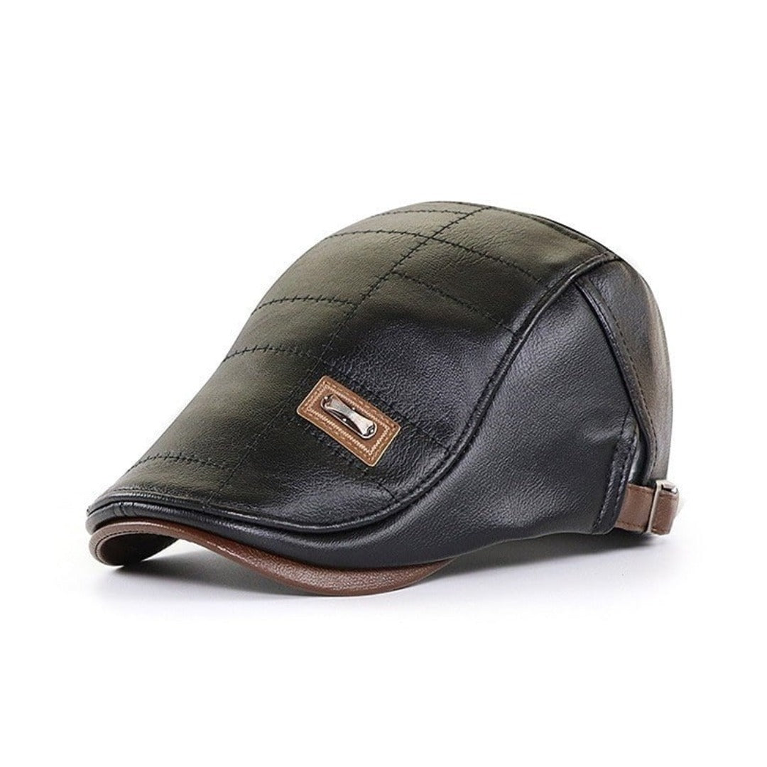 Herren Leder-Flatcap in Schwarz – Nahaufnahme Materialqualität
