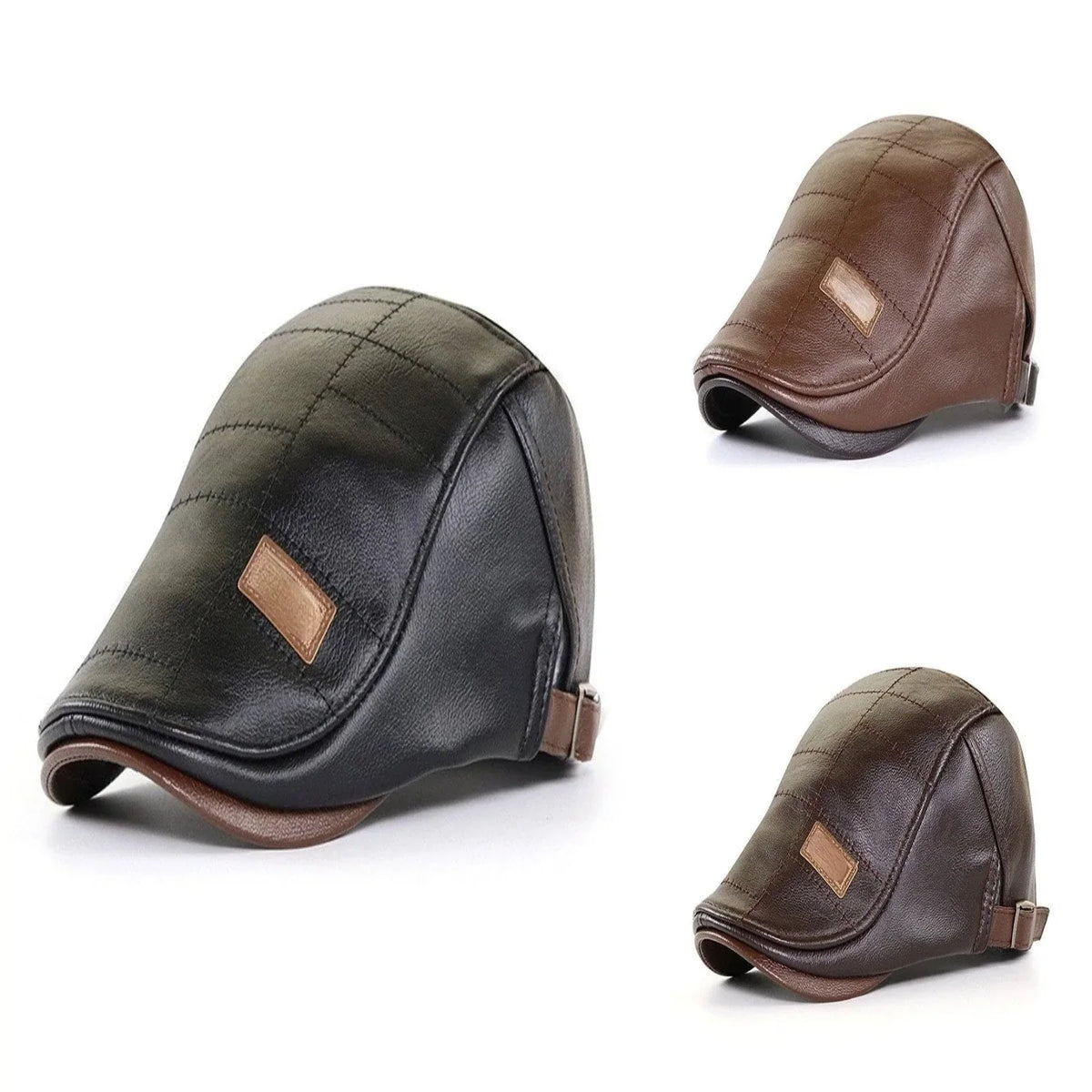 Retro Echtleder-Flatcap für Herren in Schwarz – Trageansicht