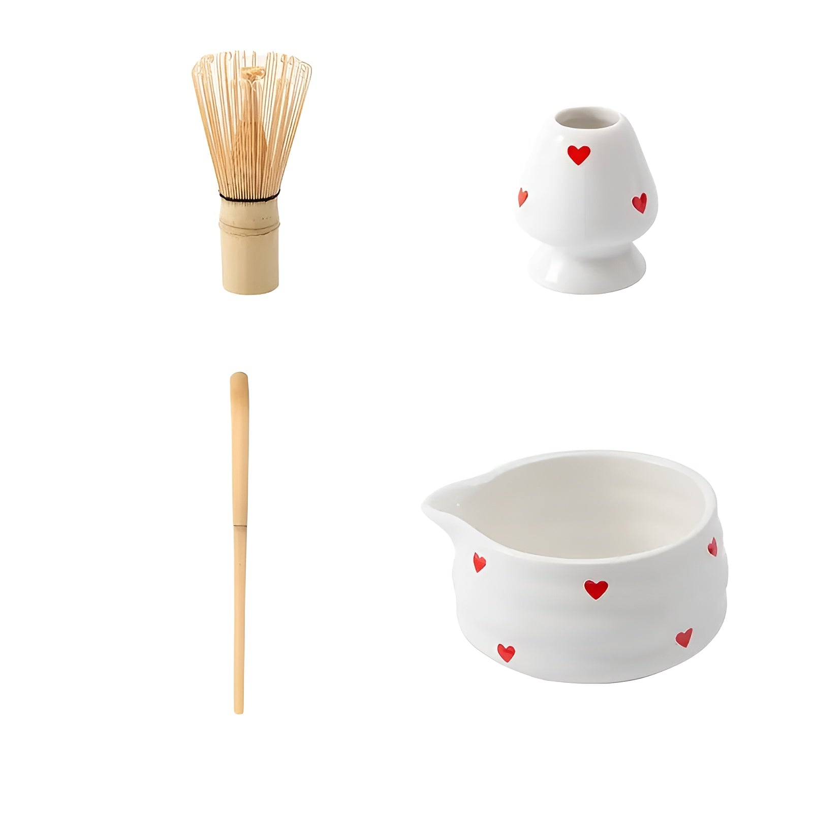 Matcha-Schale mit Herzdesign – 4/5 Stück Ausgießer & Bambusbesen | Ideal für den Hausgebrauch