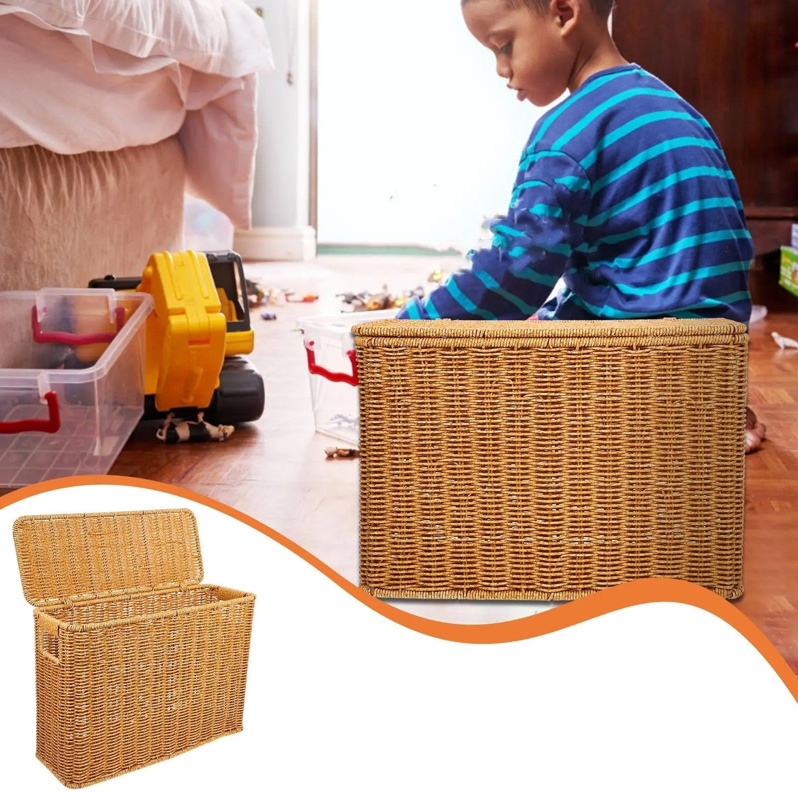 VintageWeave Basket - Rechteckiger Rattankorb mit Deckel