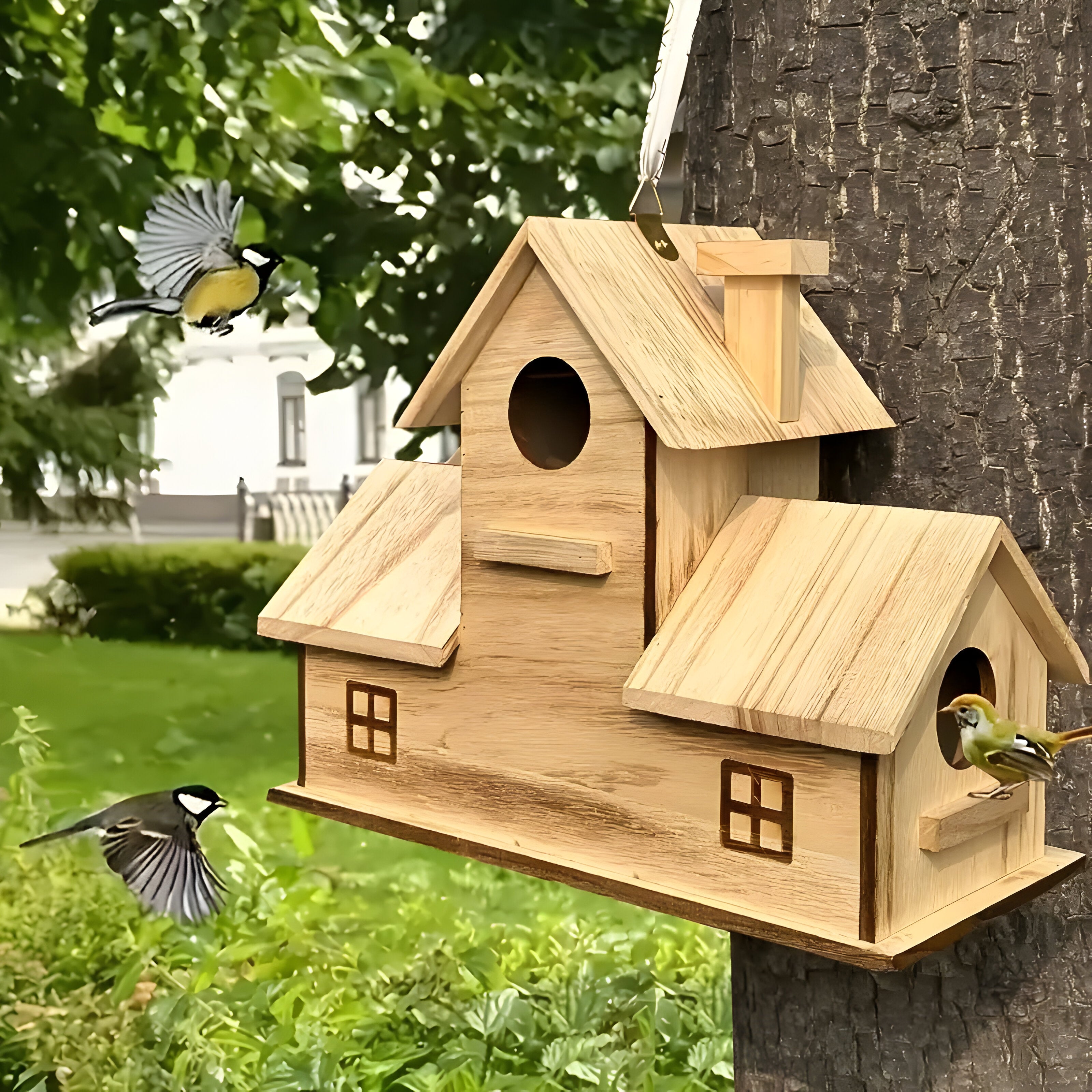 WoodlandBird House- Wooden Hanging Birdhouse with 3-Hole