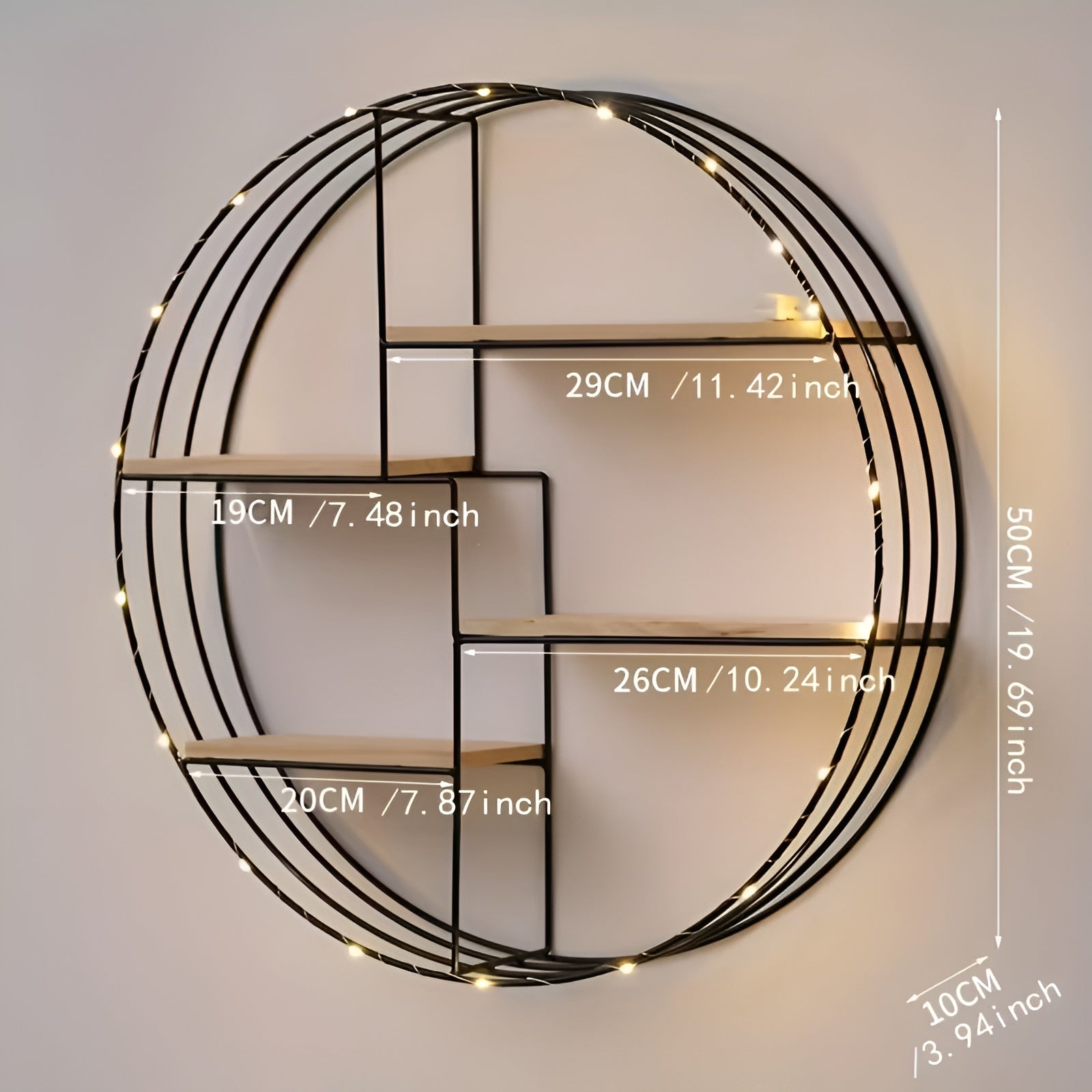 Runde Wandregal mit 4 Ebenen – Retro Design aus Holz & Metall | Dekoratives Hängeregal für Wohnzimmer Bad &