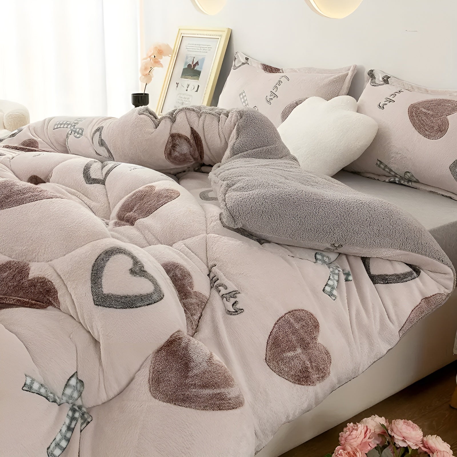 Gesteppte Fleece-Decke mit Herz- & Schleifenmuster – Weich und Warm | Perfekt für Schlafzimmer & Gästezimmer, Ganzjährig Nutzbar