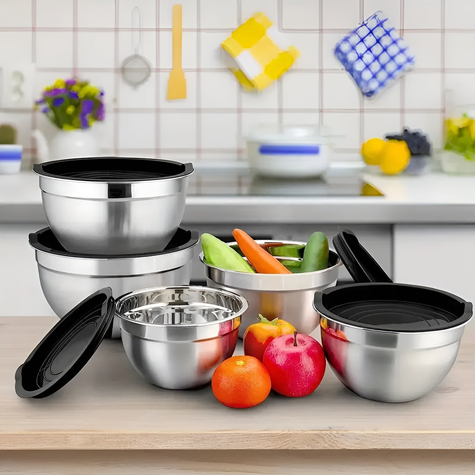 Edelstahl-Rührschüssel-Set (17-teilig) – Mit Deckeln & Reibe | Praktisch für Küche & Backen - Decke