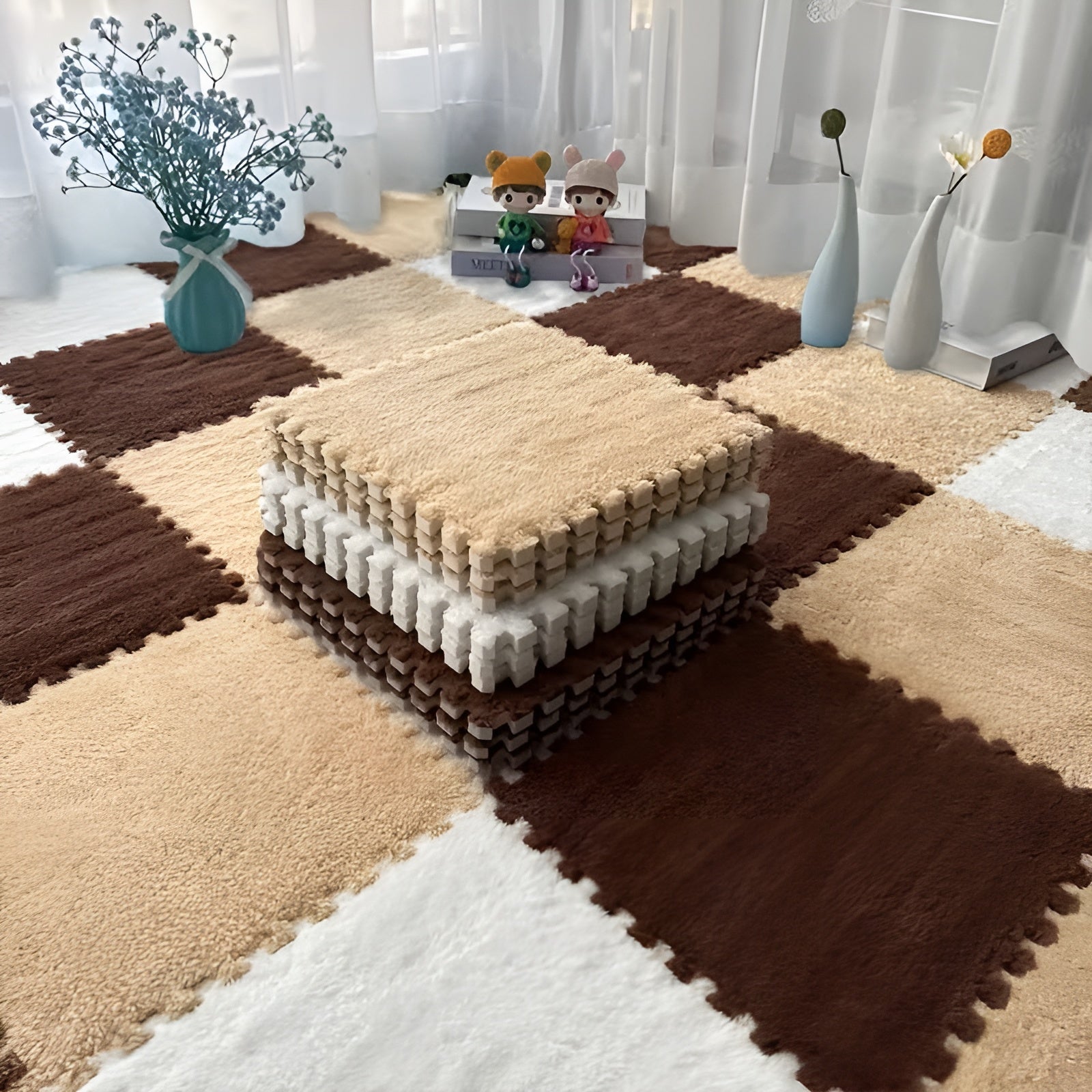 20-teiliges Stecksystem-Teppichfliesen-Set – Rutschfeste Puzzlematten für Boden & Spielbereich - Kaffeefarben