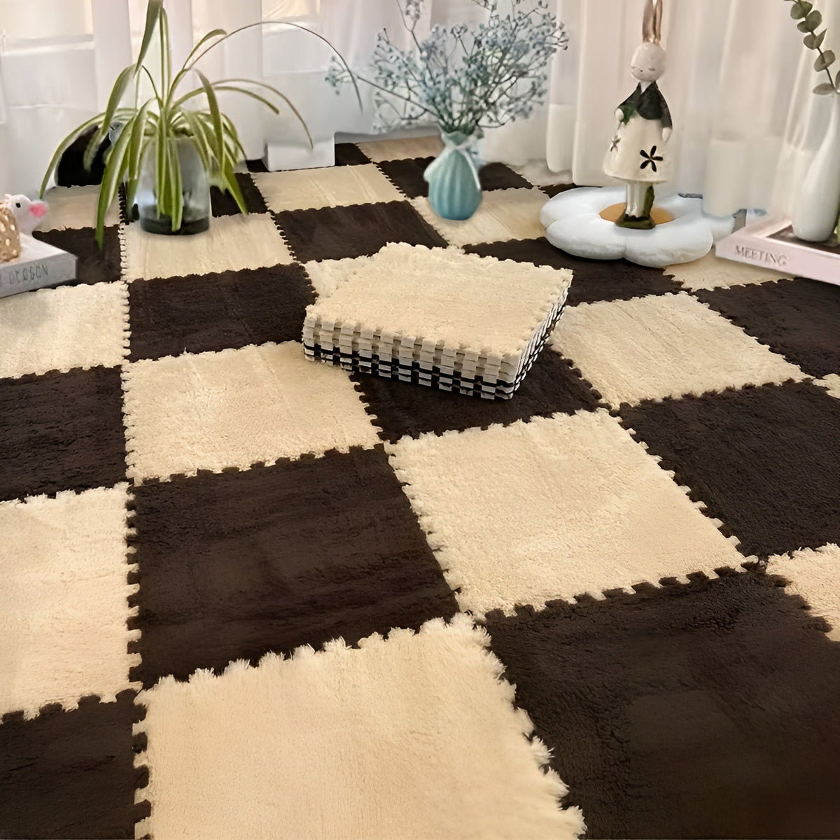 20-teiliges Stecksystem-Teppichfliesen-Set – Rutschfeste Puzzlematten für Boden & Spielbereich - Kaffeefarben