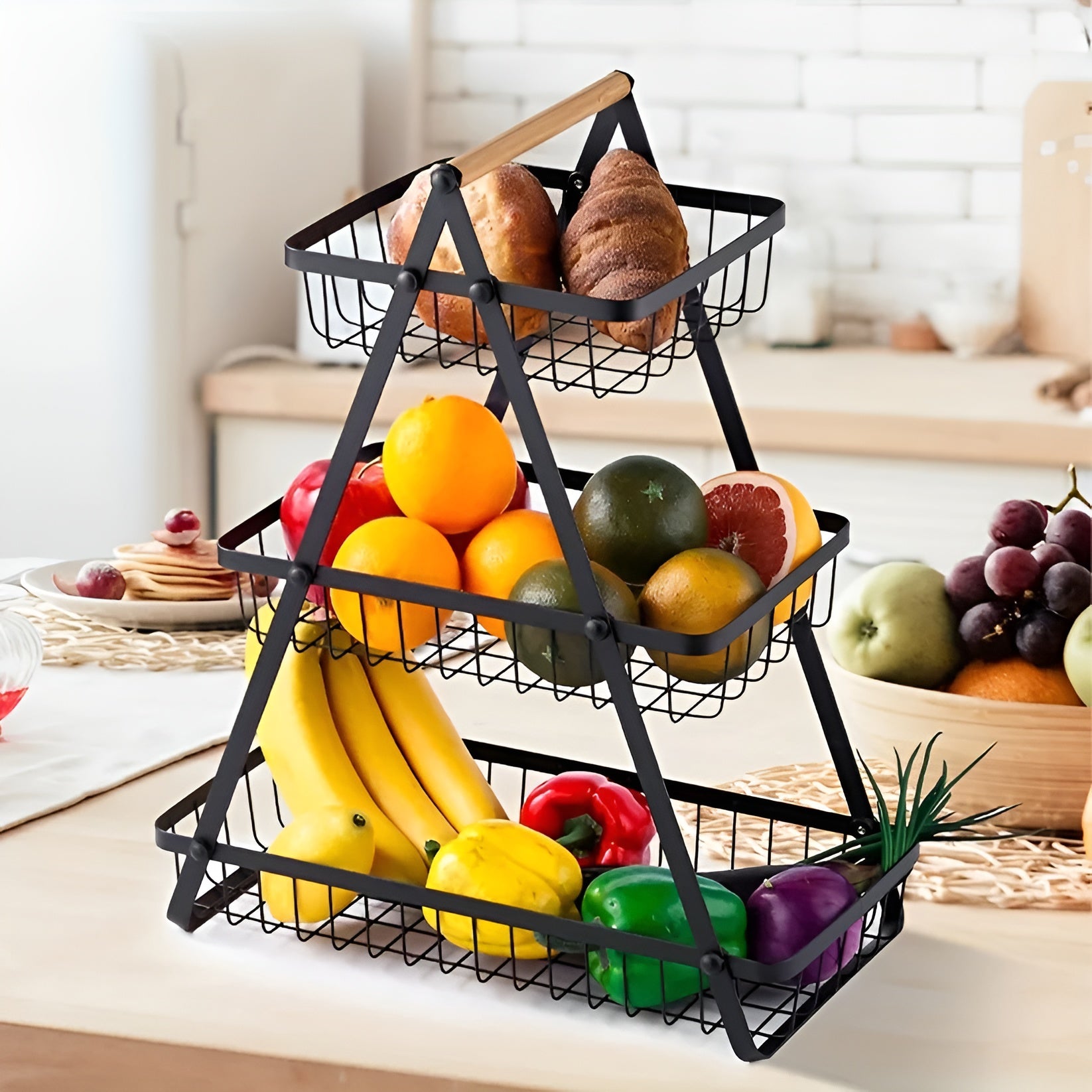 3-stöckiger Obstkorb aus Metall – Platzsparend und Dekorativ | Ideal für Küche & Esstisch