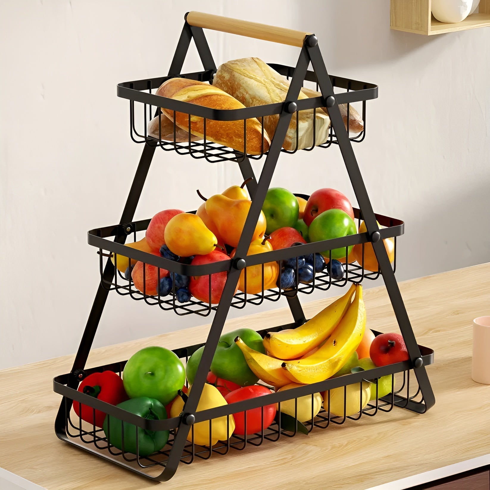 3-stöckiger Obstkorb aus Metall – Platzsparend und Dekorativ | Ideal für Küche & Esstisch