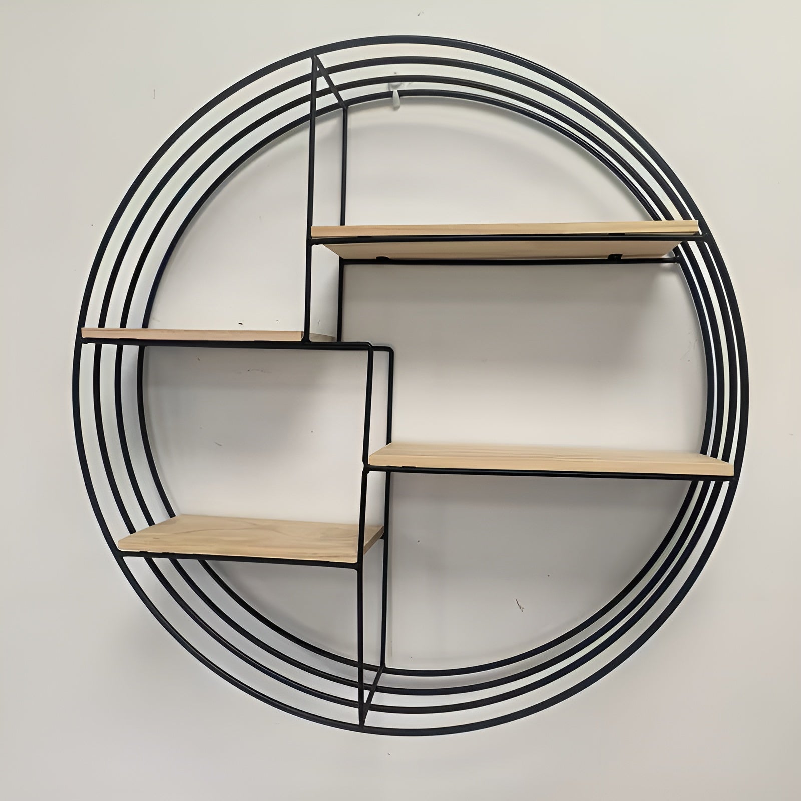 Runde Wandregal mit 4 Ebenen – Retro Design aus Holz & Metall | Dekoratives Hängeregal für Wohnzimmer Bad &