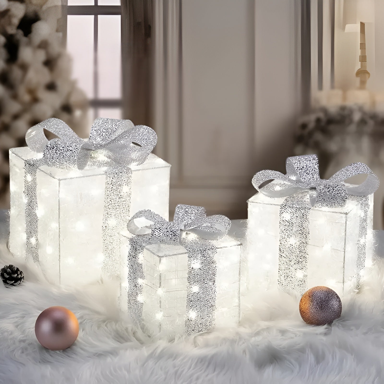 Leuchtende Weihnachtsgeschenkboxen – Set mit 3 Deko-Boxen | Mit warmweißen & bunten Lichtern für festliche Stimmung im Zuhause