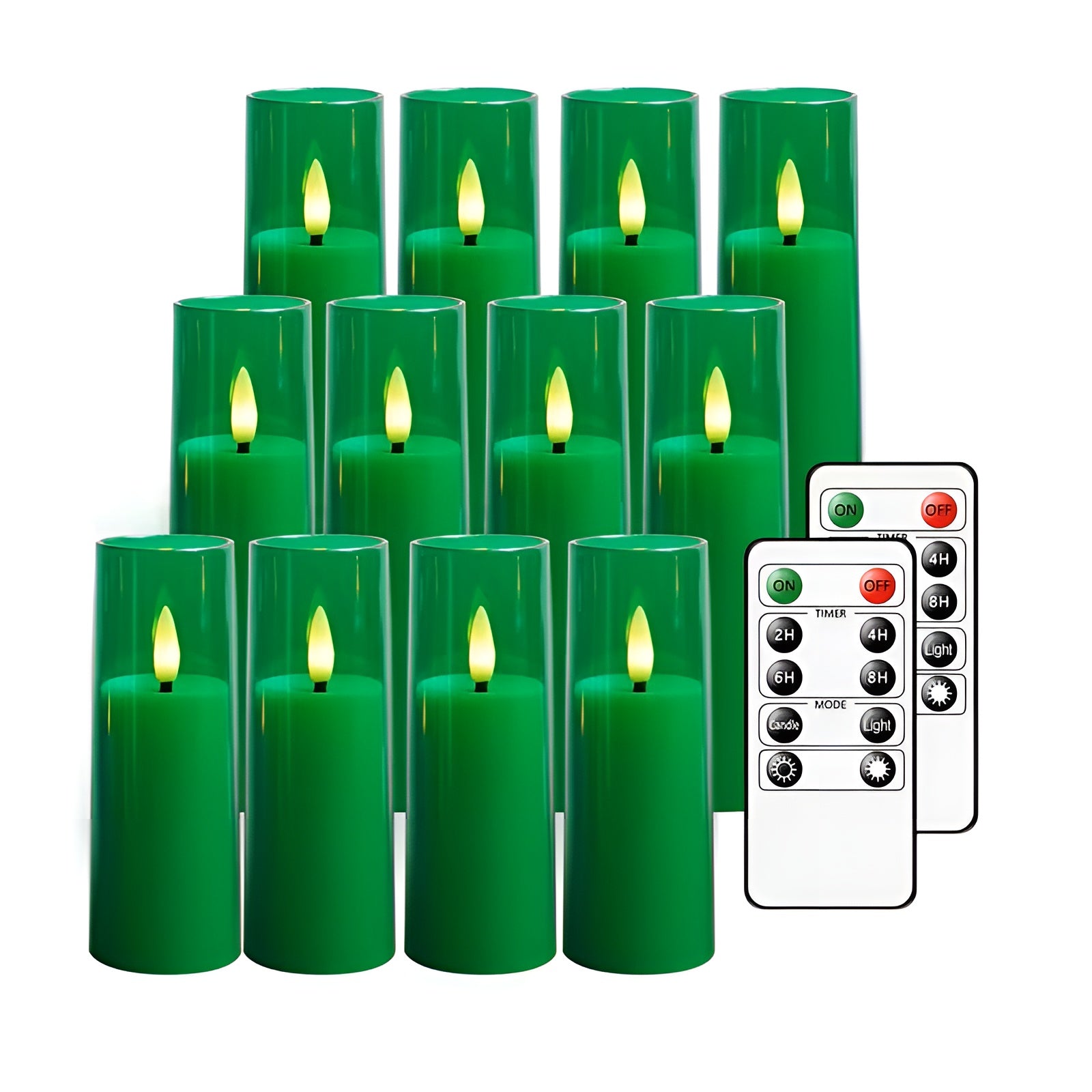 Flackernde LED Kerzen 12er Set – Stimmungsvolles Licht ohne Brandgefahr | Mit Fernbedienung & Timer - Grün - Wohnzubehör