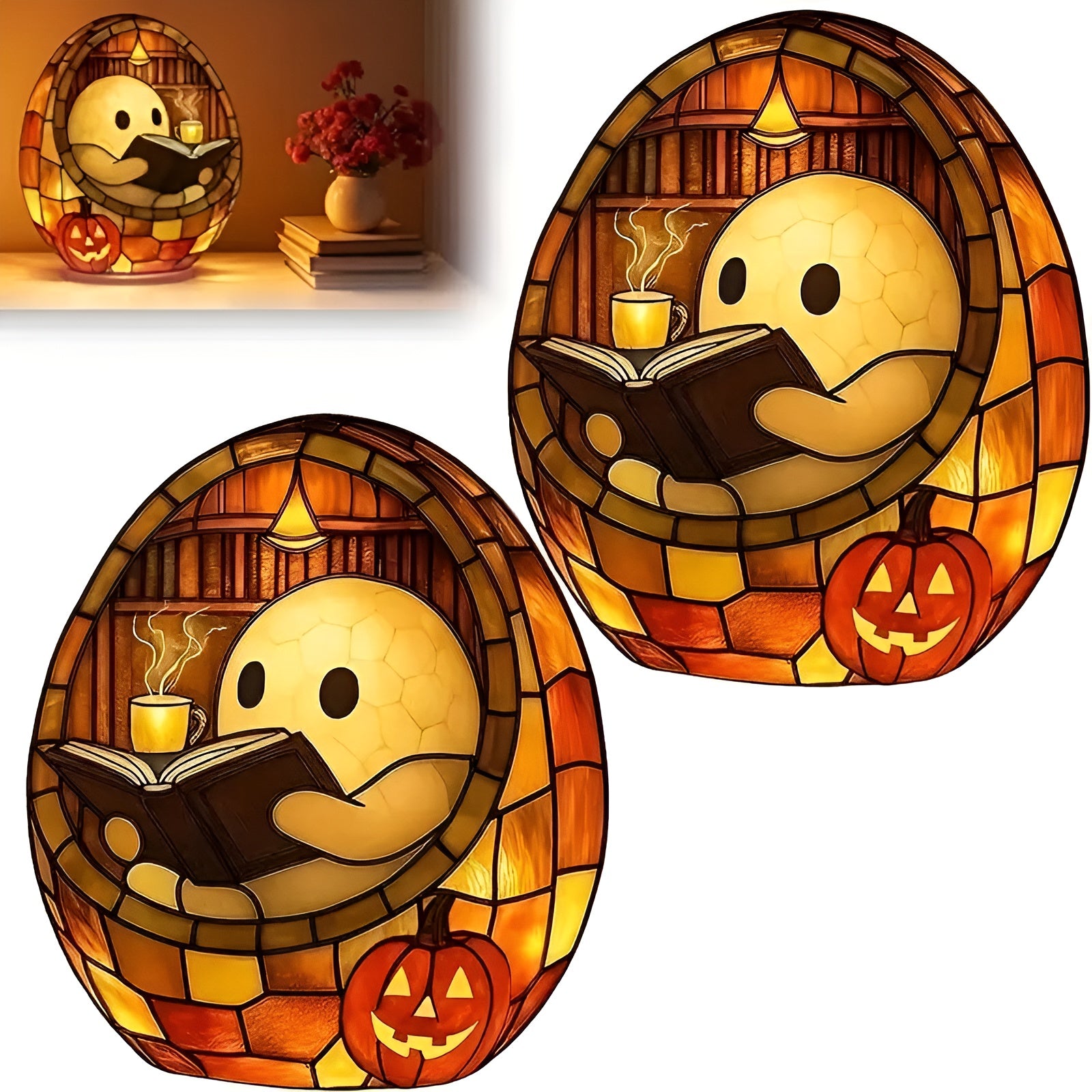Halloween Buchlampe– Niedliche Lesefigur mit Buchlicht | Dekorative Nachttischlampe, Halloween-Dekoration & Geschenkidee