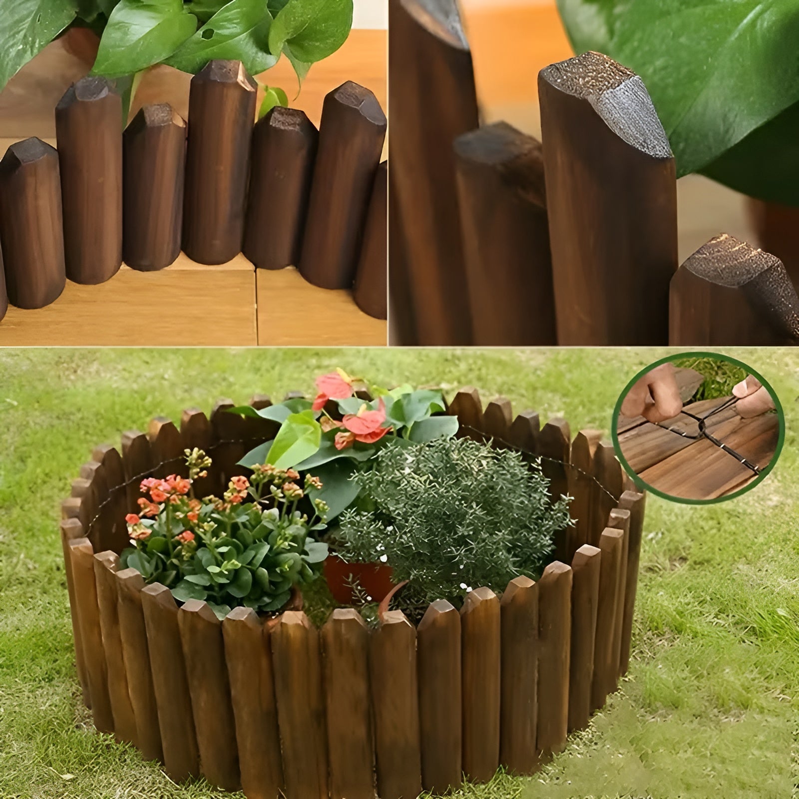 Flexible Holz Rasenkante – Dekorativer Gartenzaun mit Erdspießen | Für Beete, Wege und Rasenflächen