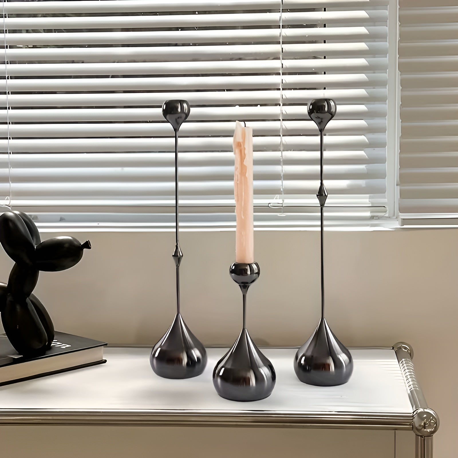 3er Set Kerzenhalter in Tropfenform – Minimalistisches Schwarzes Metalldesign | Dekorativ für Wohnzimmer Tisch & Café