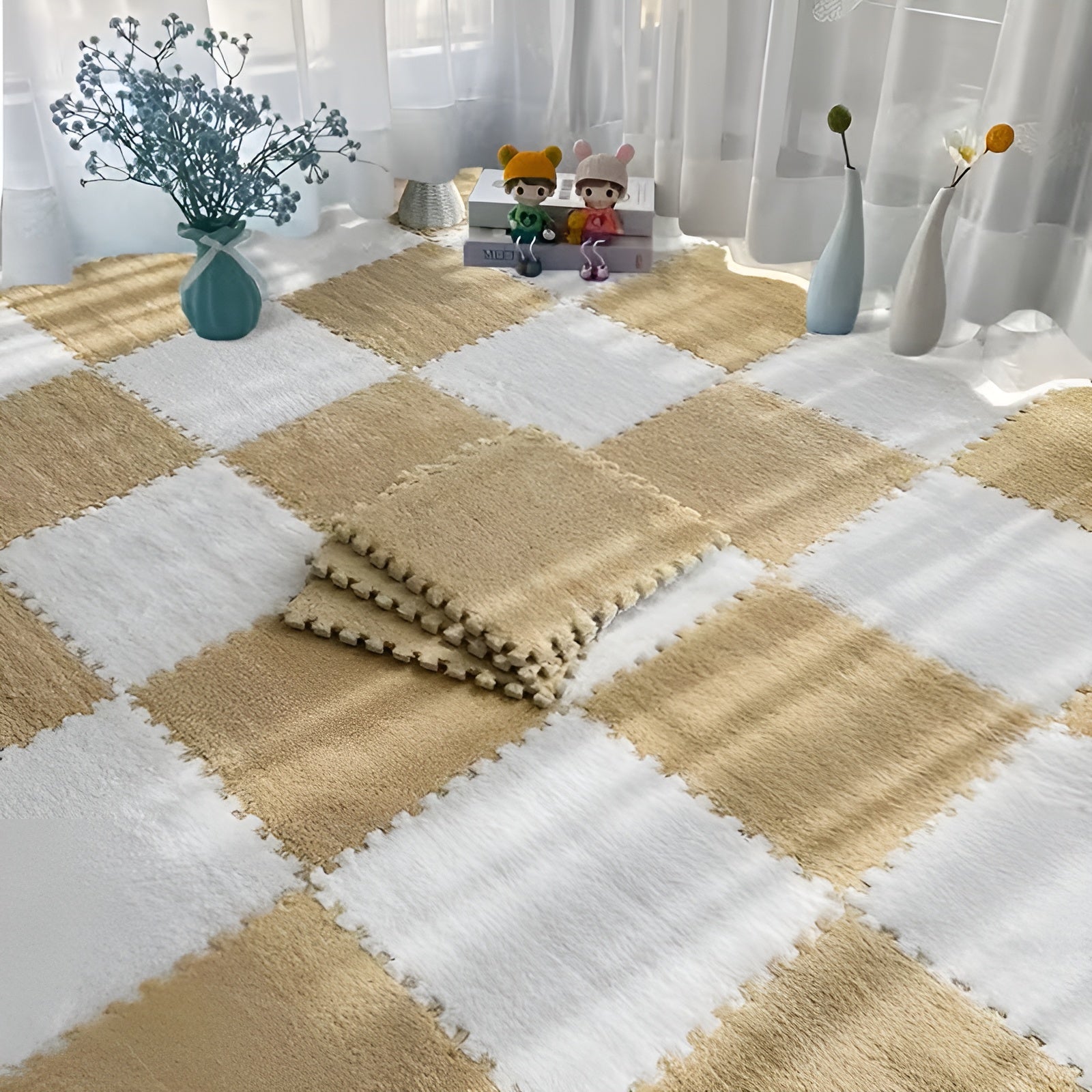 50-teiliges Stecksystem-Teppichfliesen-Set – Rutschfeste Puzzlematten für Boden & Spielbereich - Hellcamel + Cremeweiß