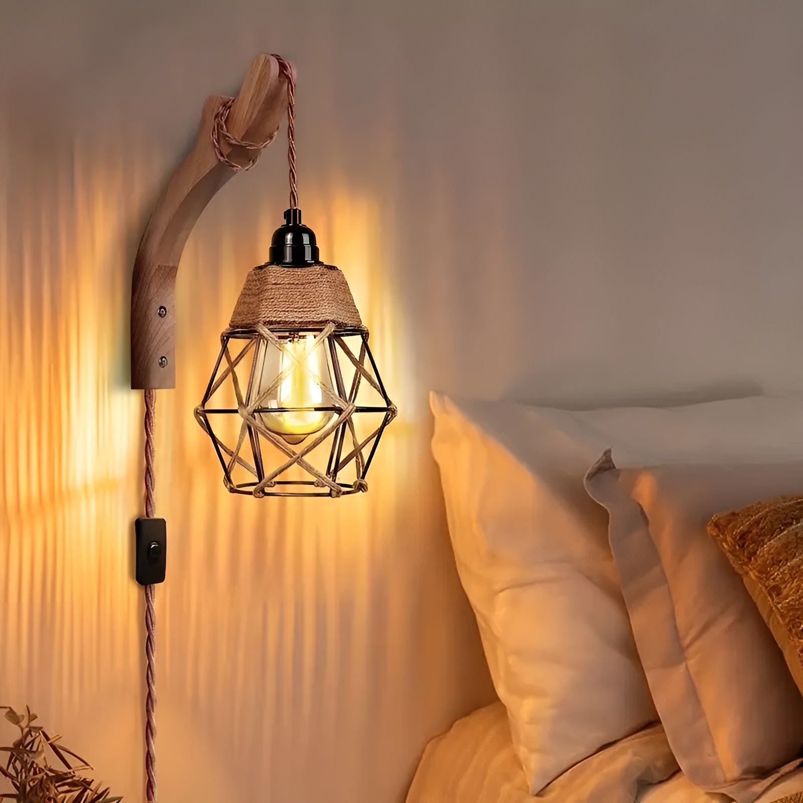 Wandleuchte aus Rattan – Handgefertigt im Boho-Stil mit Holzarm und Jutekabel | Für Wohnzimmer & Schlafzimmer