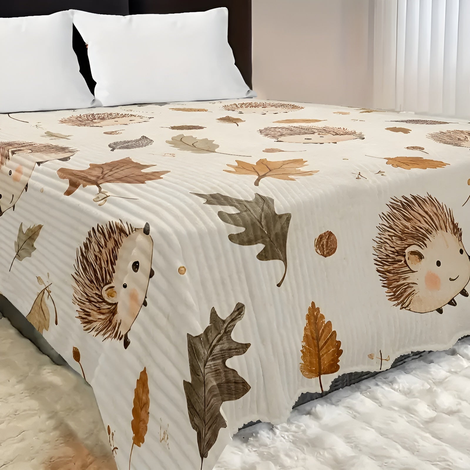 Kuscheldecke mit Igel- & Herbstblätter-Motiv – Weich, Warm & Ganzjährig Nutzbar | Perfekt für Sofa, Bett & Reisen