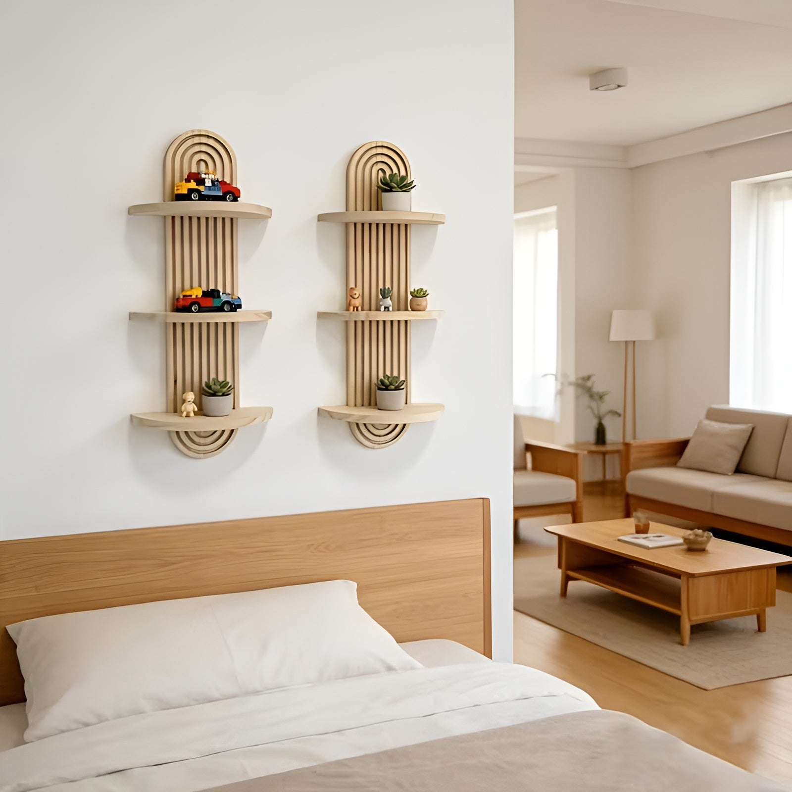Boho Wandregal aus Massivholz – Mehrstufig und Platzsparend | Für Wohnzimmer Schlafzimmer und Flur - Wandregal