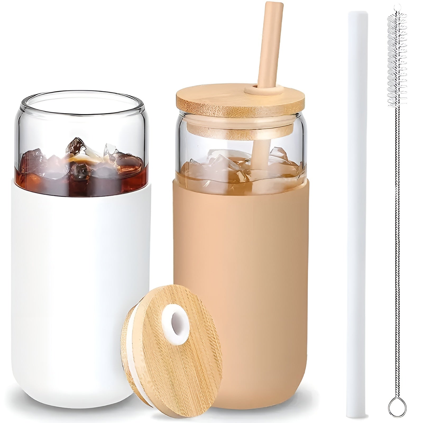 Trinkgläser mit Strohhalm – 2-teiliges Set mit Holzdeckel & Silikonhalter | Perfekt für Kaffee, Saft & Smoothies
