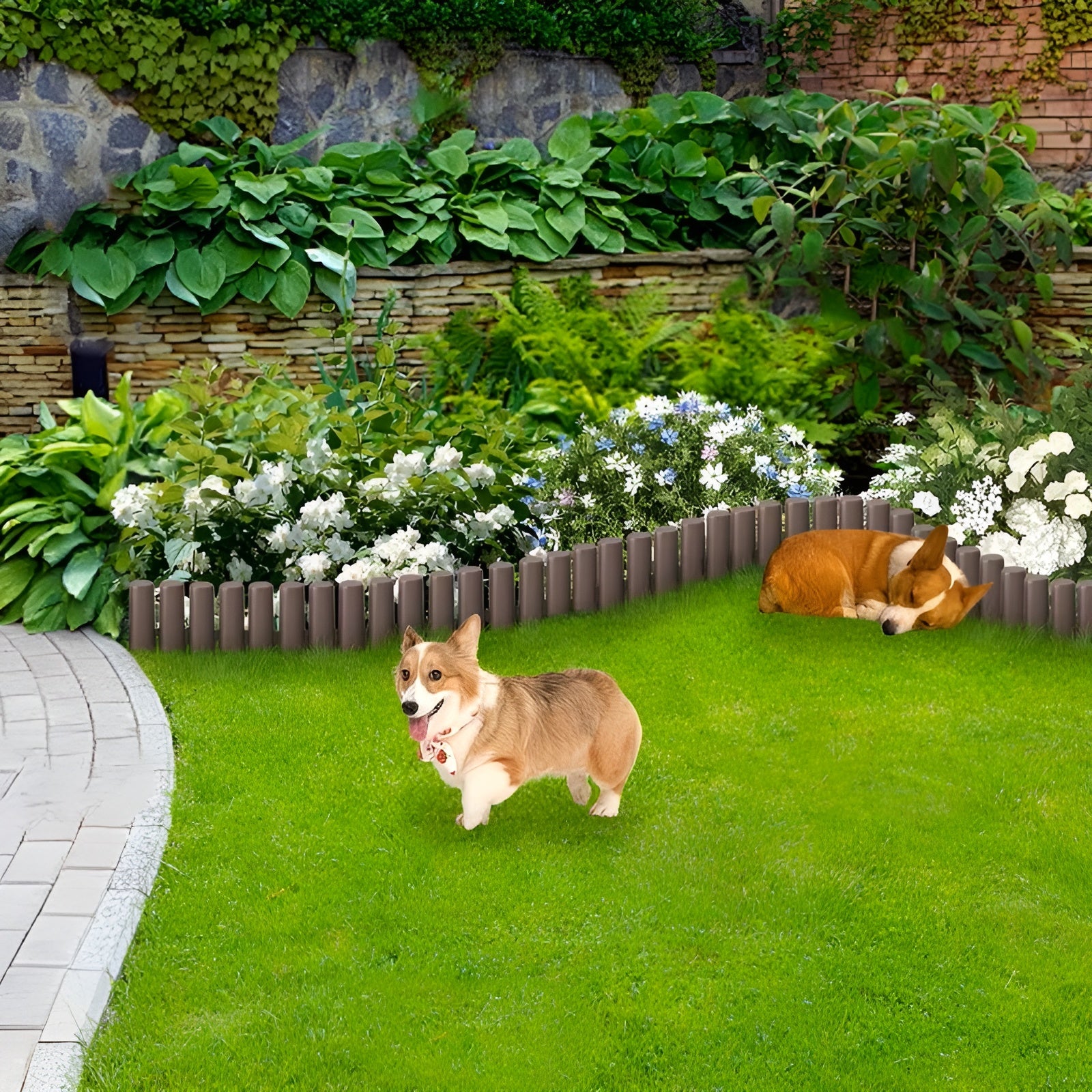 Beeteinfassung aus Kunststoff in Holzoptik – Flexibler Gartenzaun mit Erdspießen | Dekorative Rasenkante für Blumenbeete und Wege