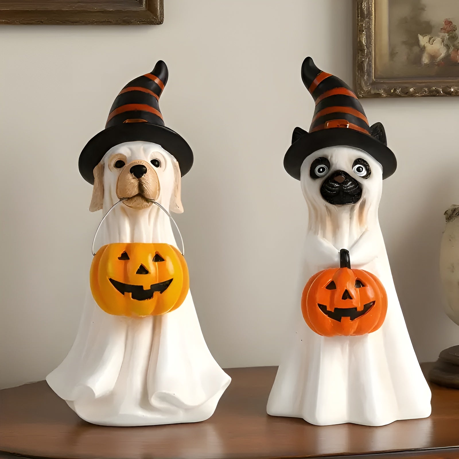 Hund & Katze mit Kürbis – Dekofigur Detailreiche Harzskulptur | Perfekt für Innen & Garten