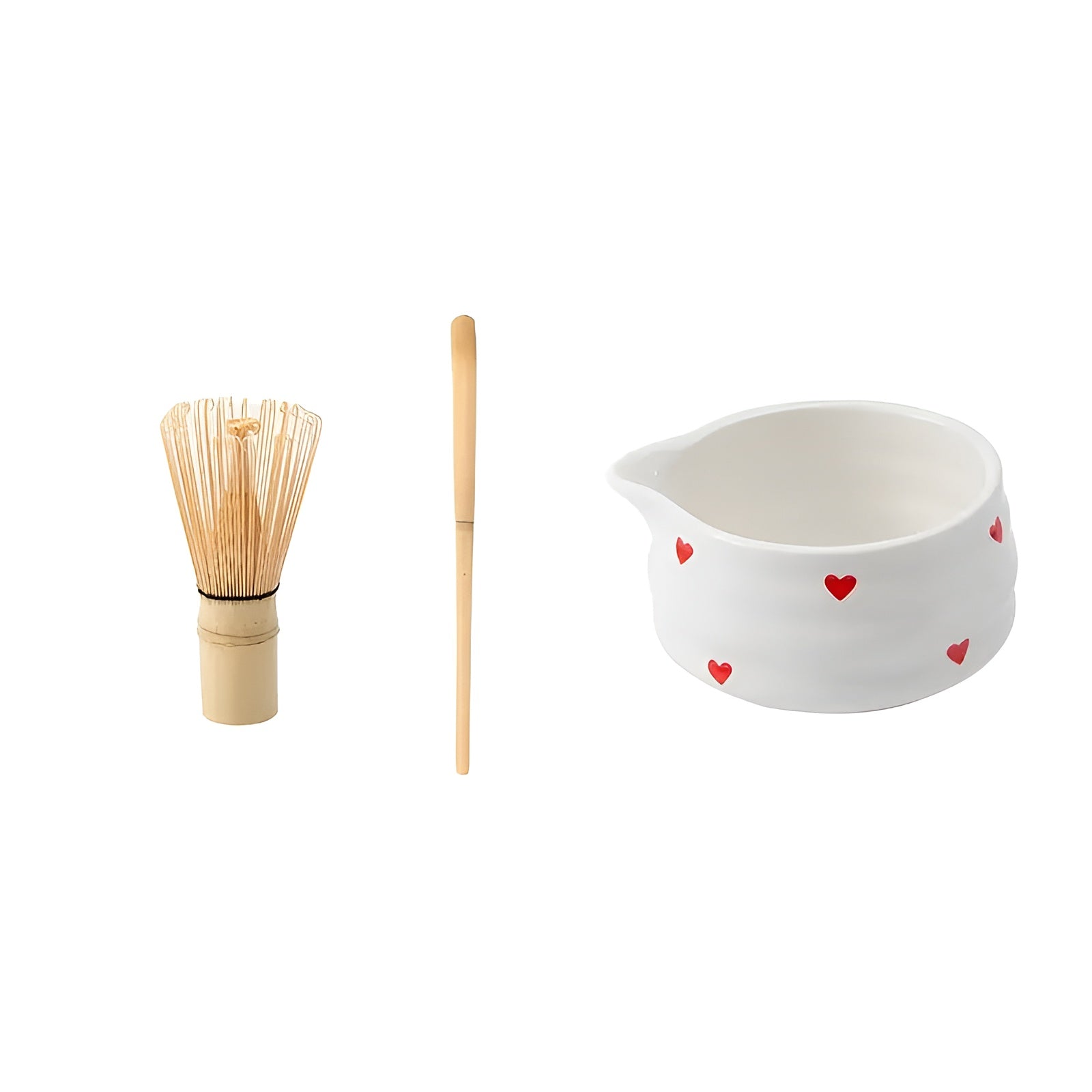 Matcha-Schale mit Herzdesign – 4/5 Stück Ausgießer & Bambusbesen | Ideal für den Hausgebrauch