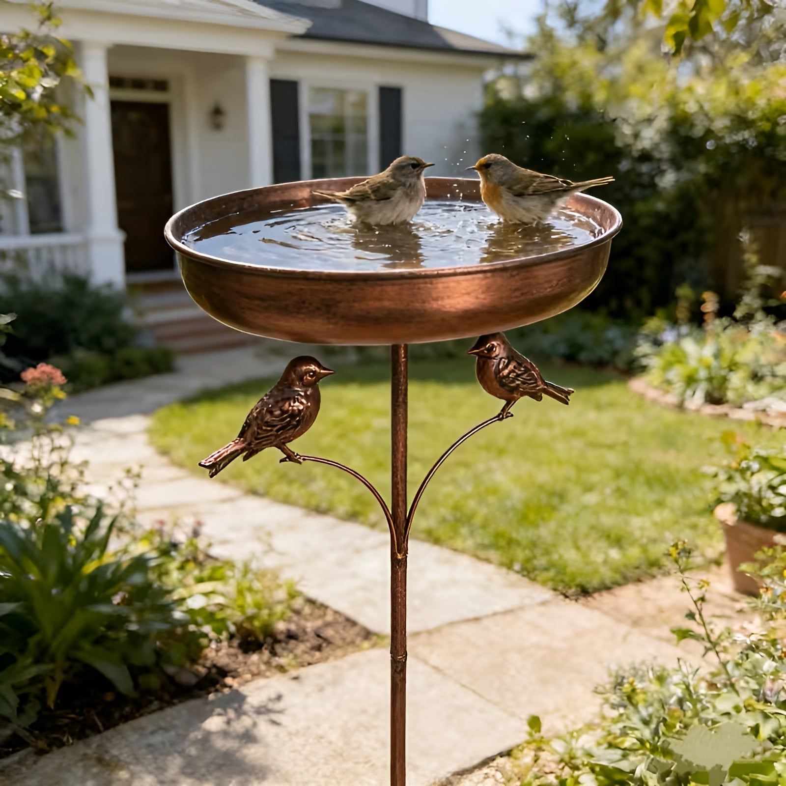 Vogeltränke mit Futterspender im Vintage-Stil – Dekorativ und Wetterfest | Metall mit Erdspieß für Garten und Balkon
