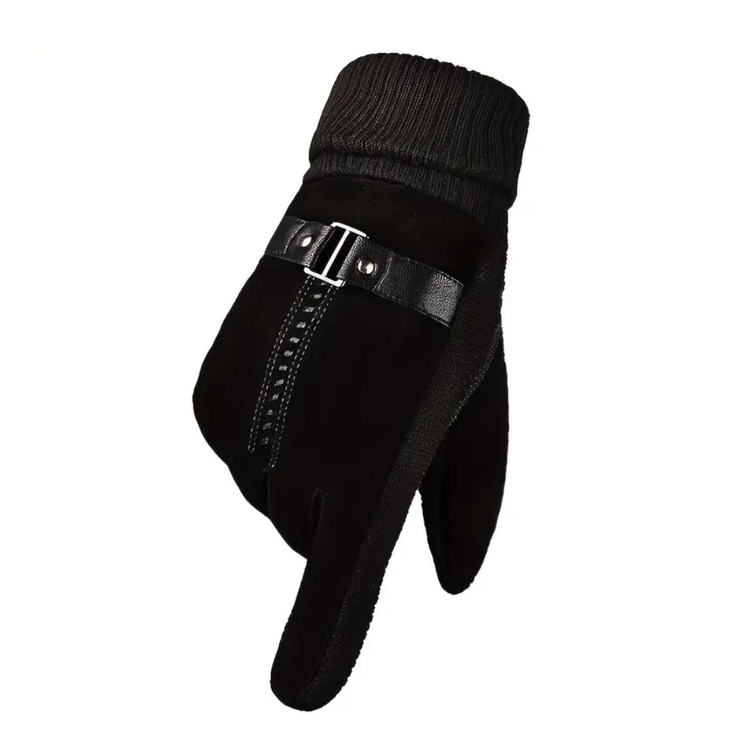 Schwarze Herren Winterhandschuhe in Lederoptik – Griffansicht