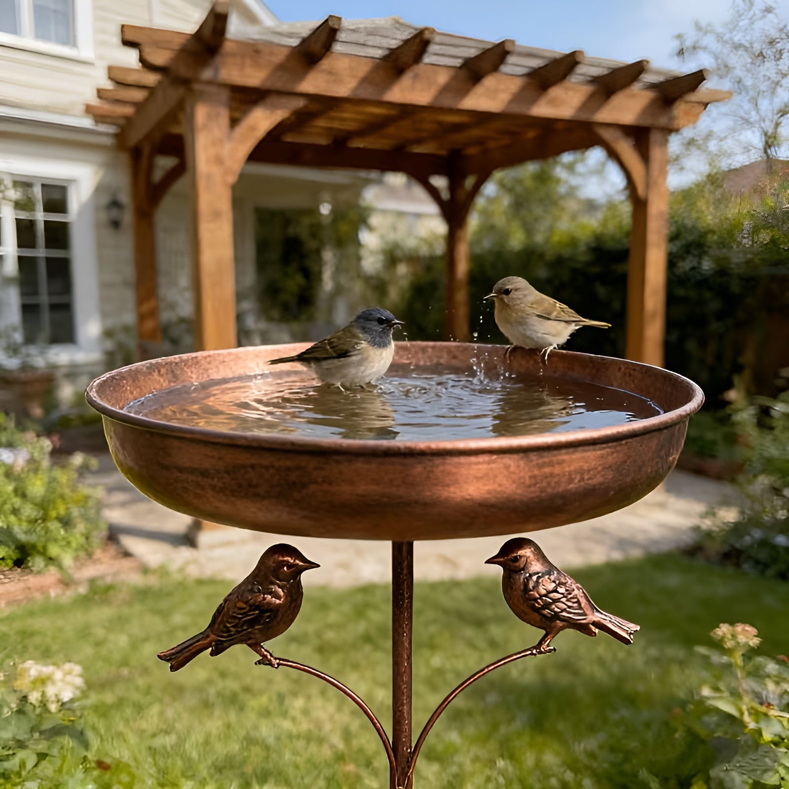 Vogeltränke mit Futterspender im Vintage-Stil – Dekorativ und Wetterfest | Metall mit Erdspieß für Garten und Balkon