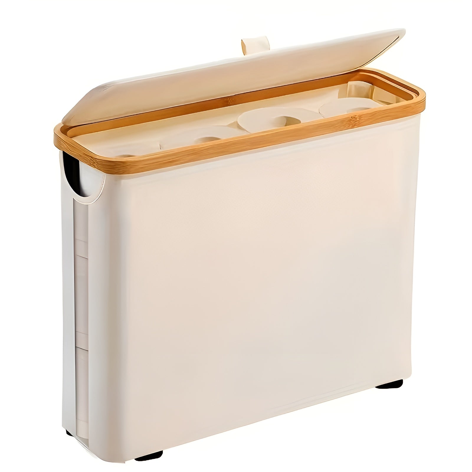 Großer Toilettenpapierhalter mit Deckel – Platzsparend & Klappbar | Holzrahmen für Badezimmer & WC - Beige - Decke