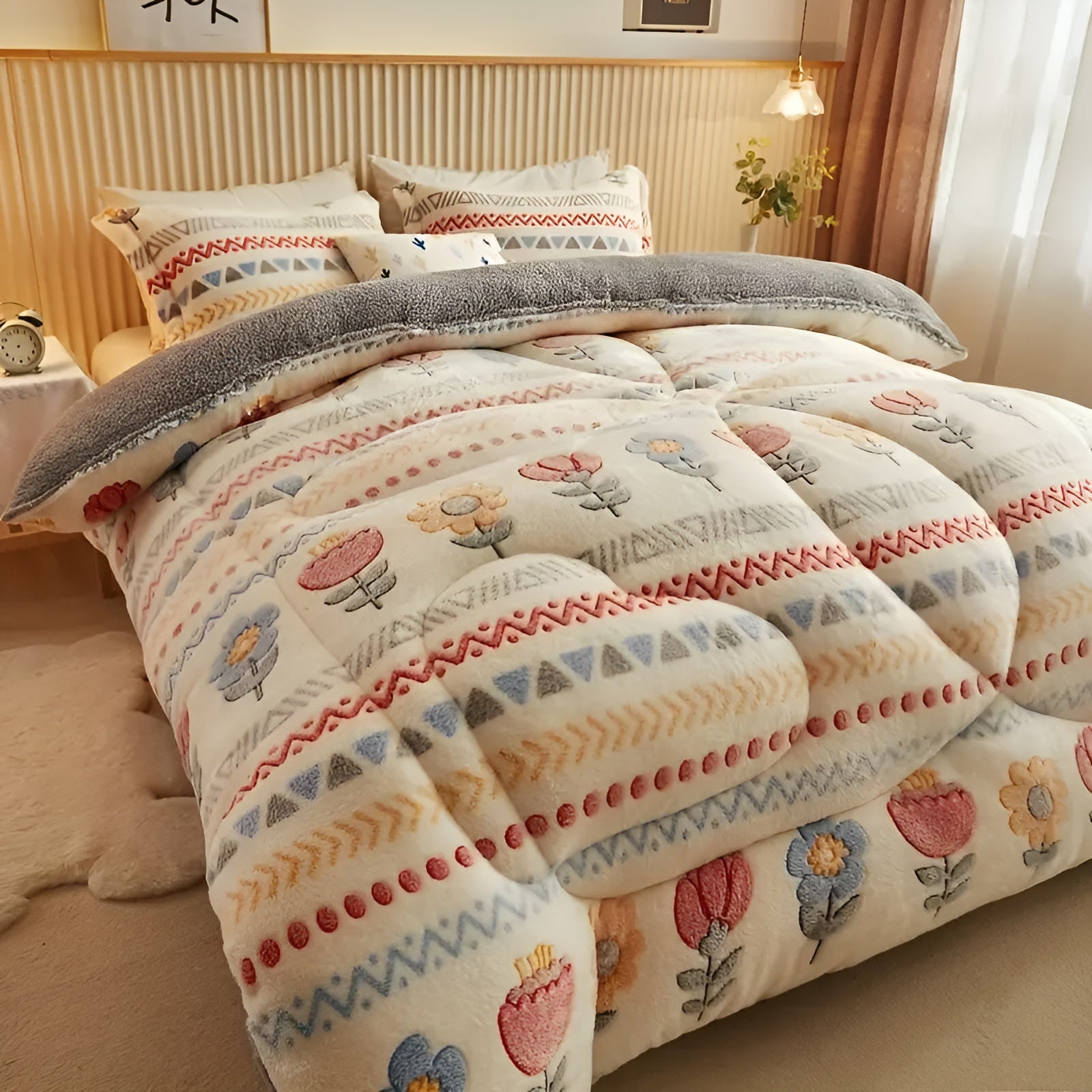 Boho Winterdecke – Dick, Weich und Gemütlich | Buntes Blumen- & Geo-Muster aus Fleece