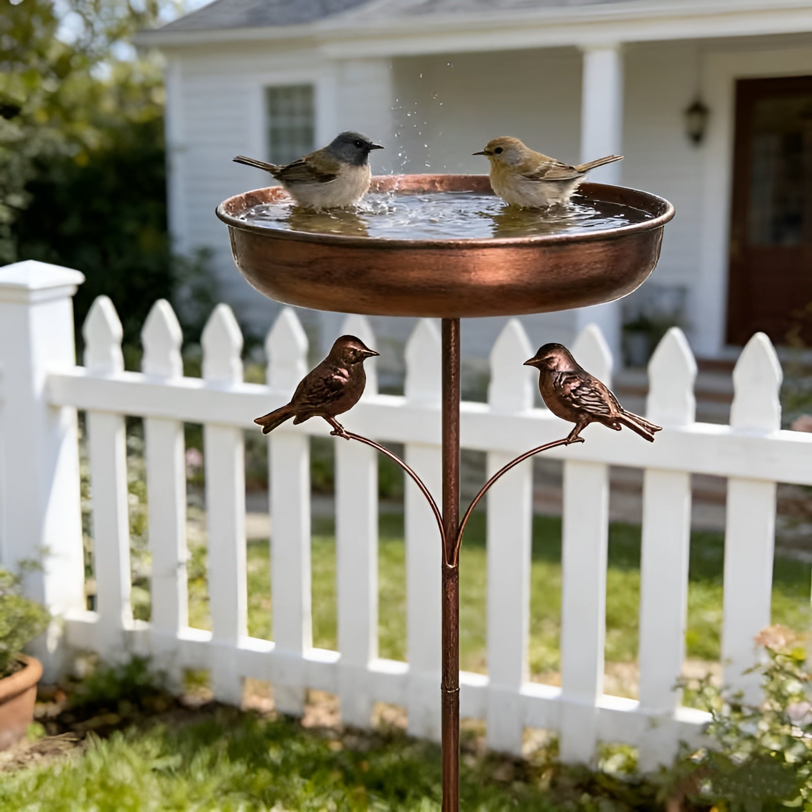 Vogeltränke mit Futterspender im Vintage-Stil – Dekorativ und Wetterfest | Metall mit Erdspieß für Garten und Balkon