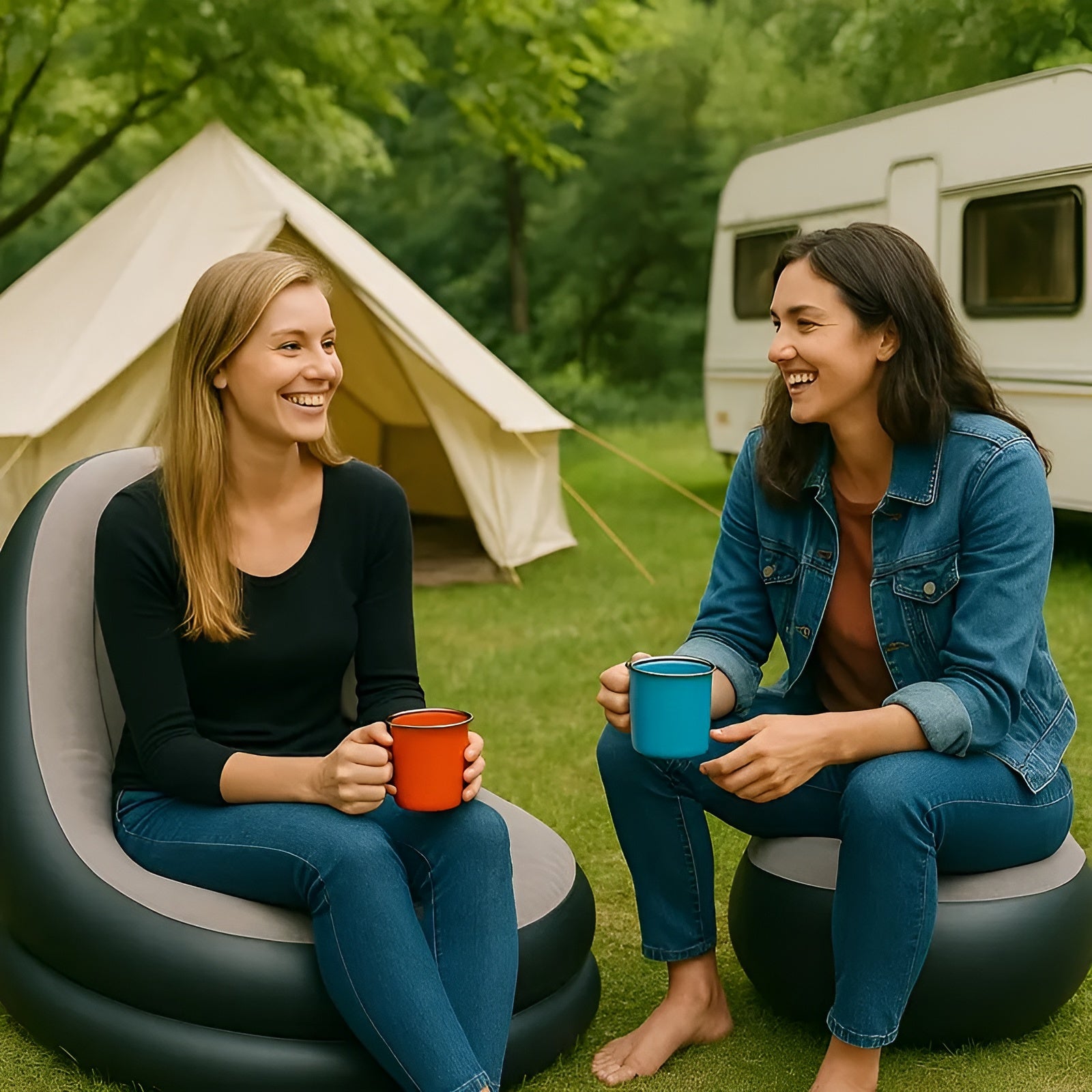 Aufblasbares Sofa mit Hocker– Schnell aufblasbar & ideal für Camping oder Wohnbereich