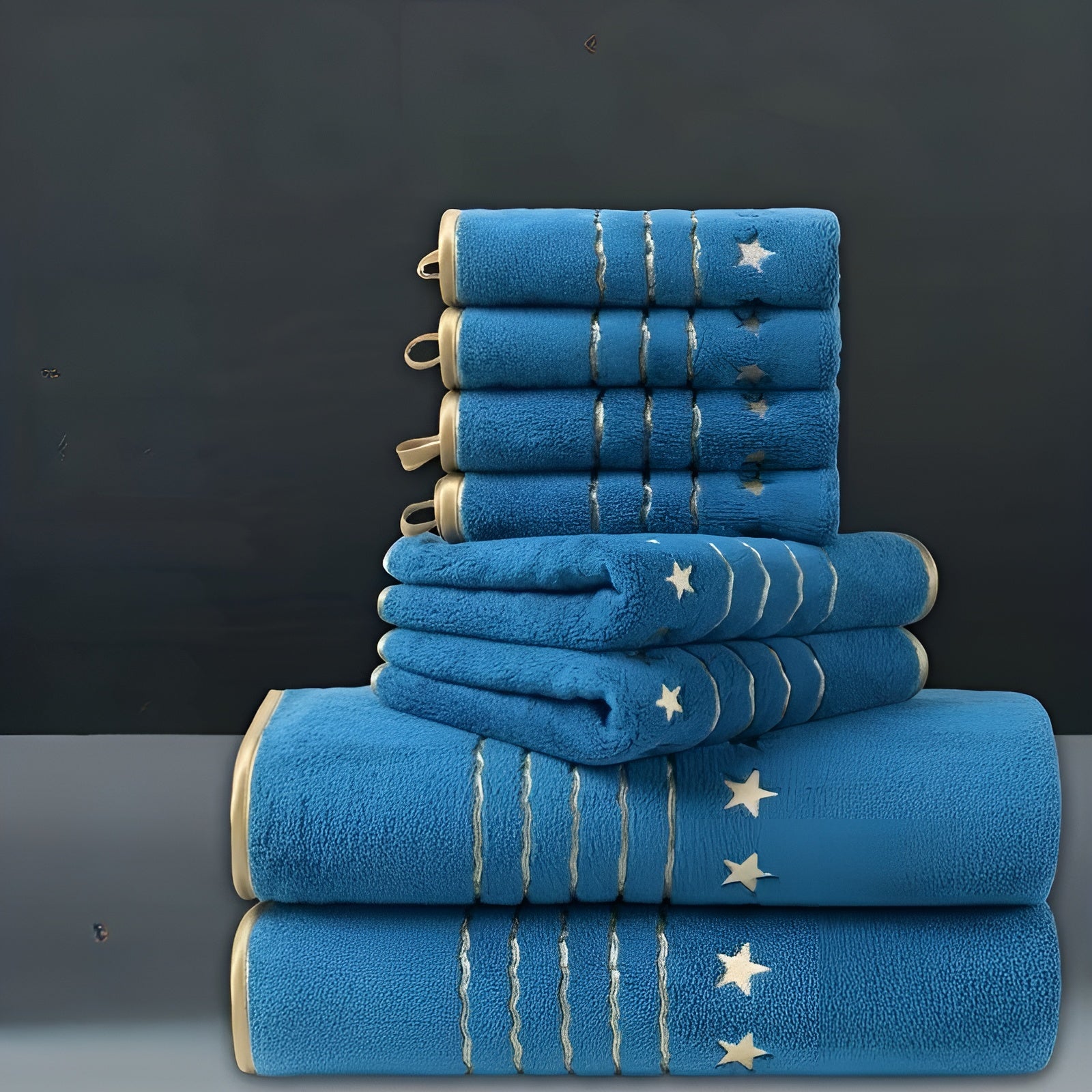 8-teiliges Handtuch-Set – Weich und Hochwertig | Korallenrot mit Eleganter Sternenstickerei - Türkisblau - Handtuch-Set