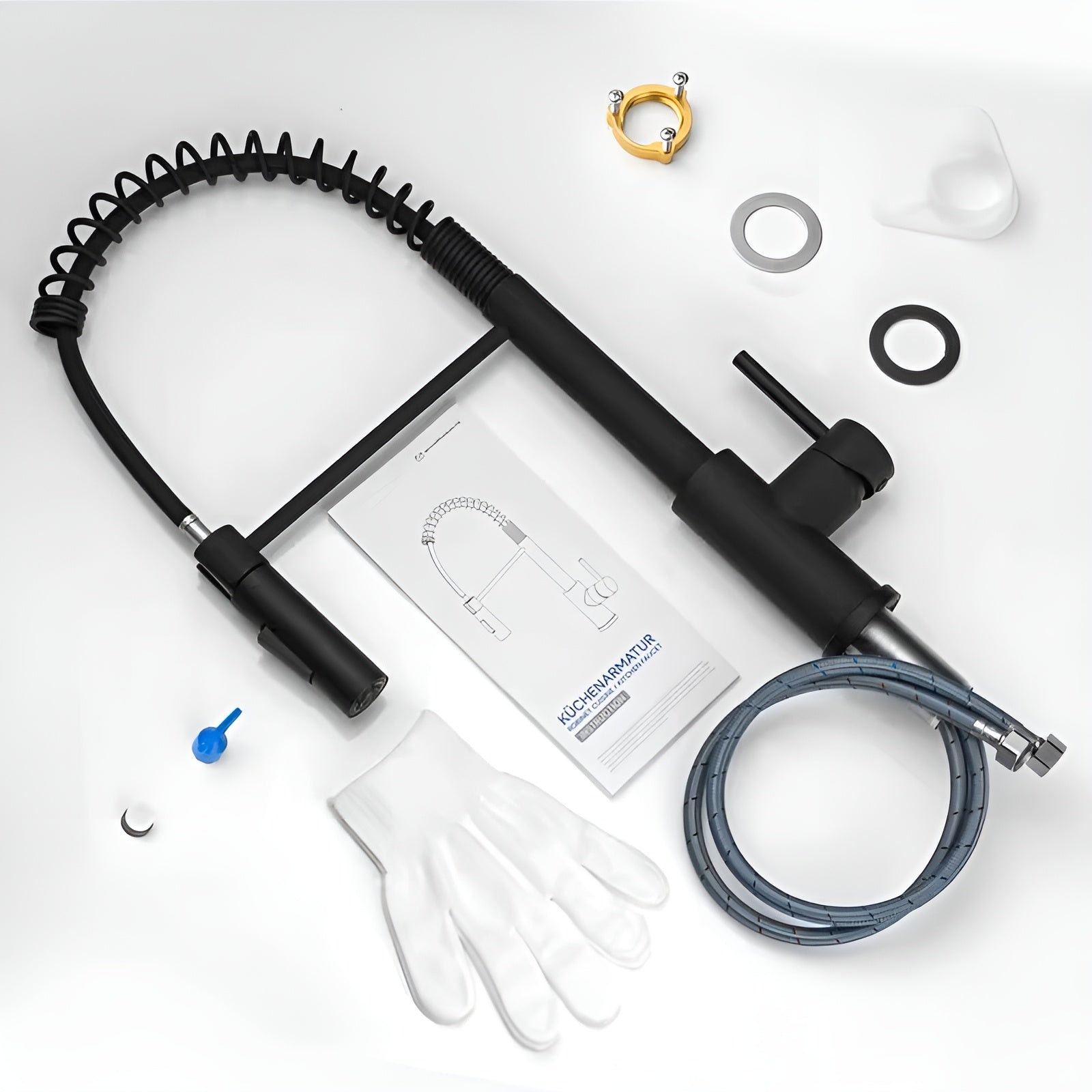 Küchenarmatur mit Feder – Hochdruck Spültischarmatur in Schwarz | Edelstahl mit Brause, 360° schwenkbar, 2 Strahlarten