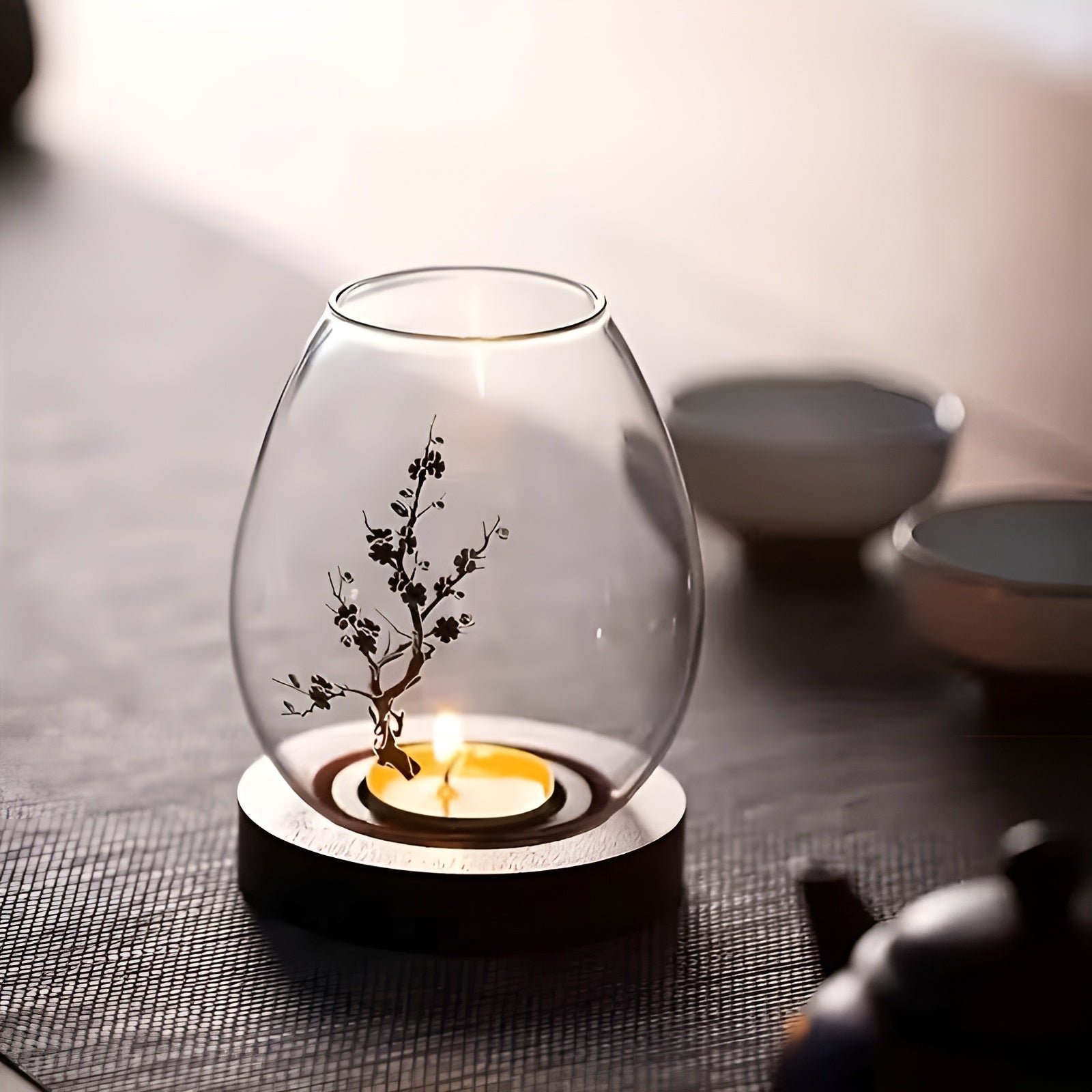 2er-Set Kerzenhalter aus Glas mit Holzsockel – Dekorativ im Retro-Zen-Stil | Perfekt für Wohnzimmer Tischdeko