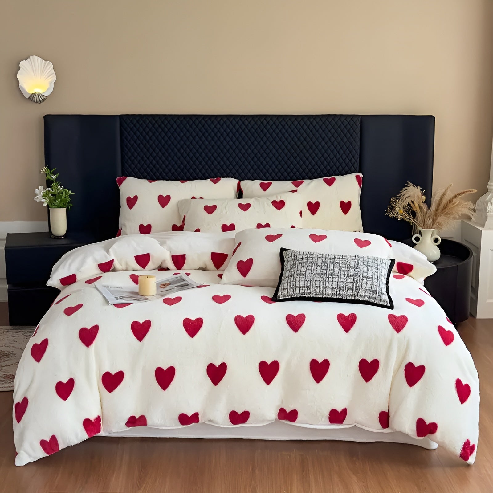 Bettwäsche-Set mit Herzmotiv – Weich & Warm für Herbst und Winter | Kuscheliges 3-teiliges Set aus Plüsch in Hellbeige