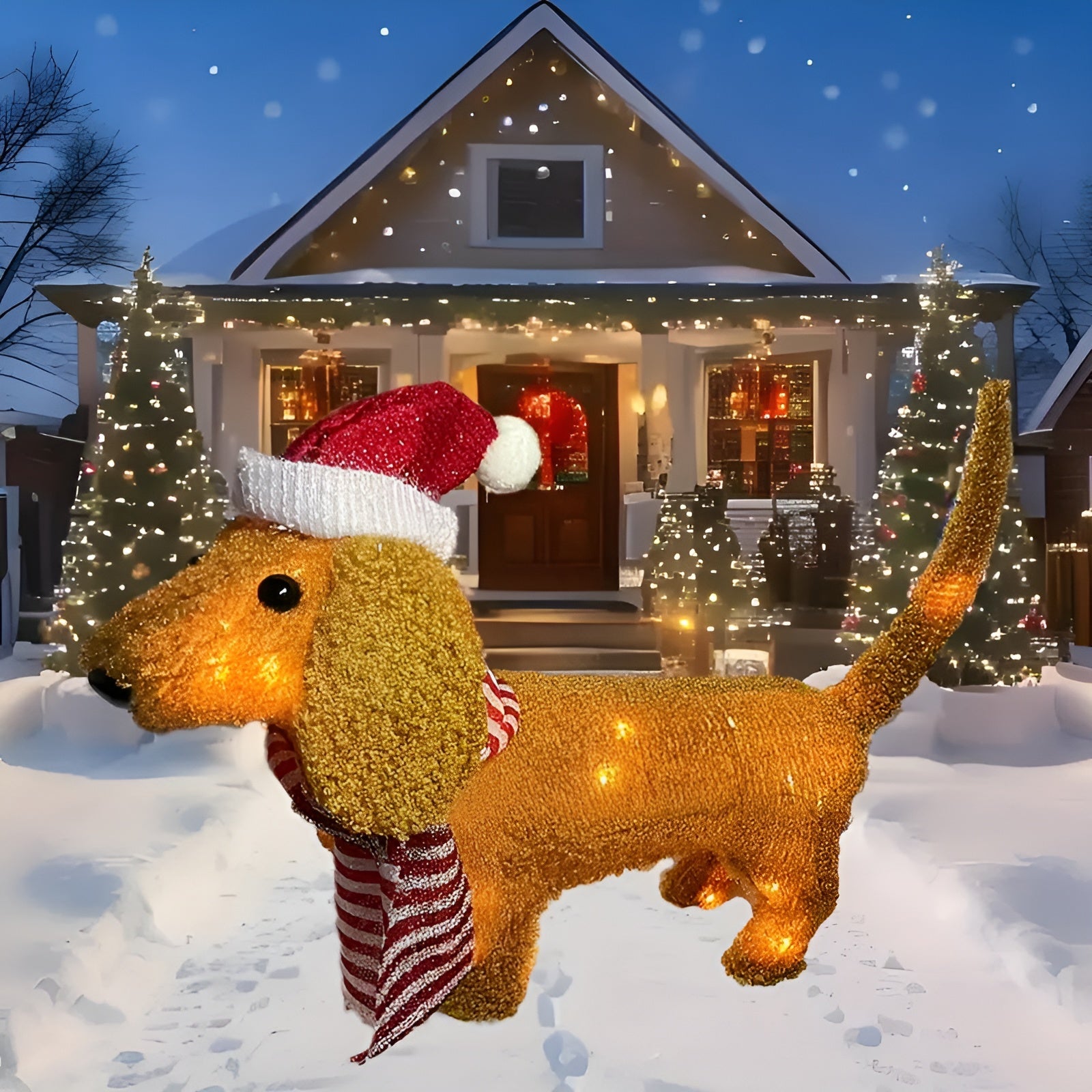 LED Dackel Figur mit roter Mütze – Leuchtende Hundedeko für Weihnachten | Perfekt für Haus & Garten