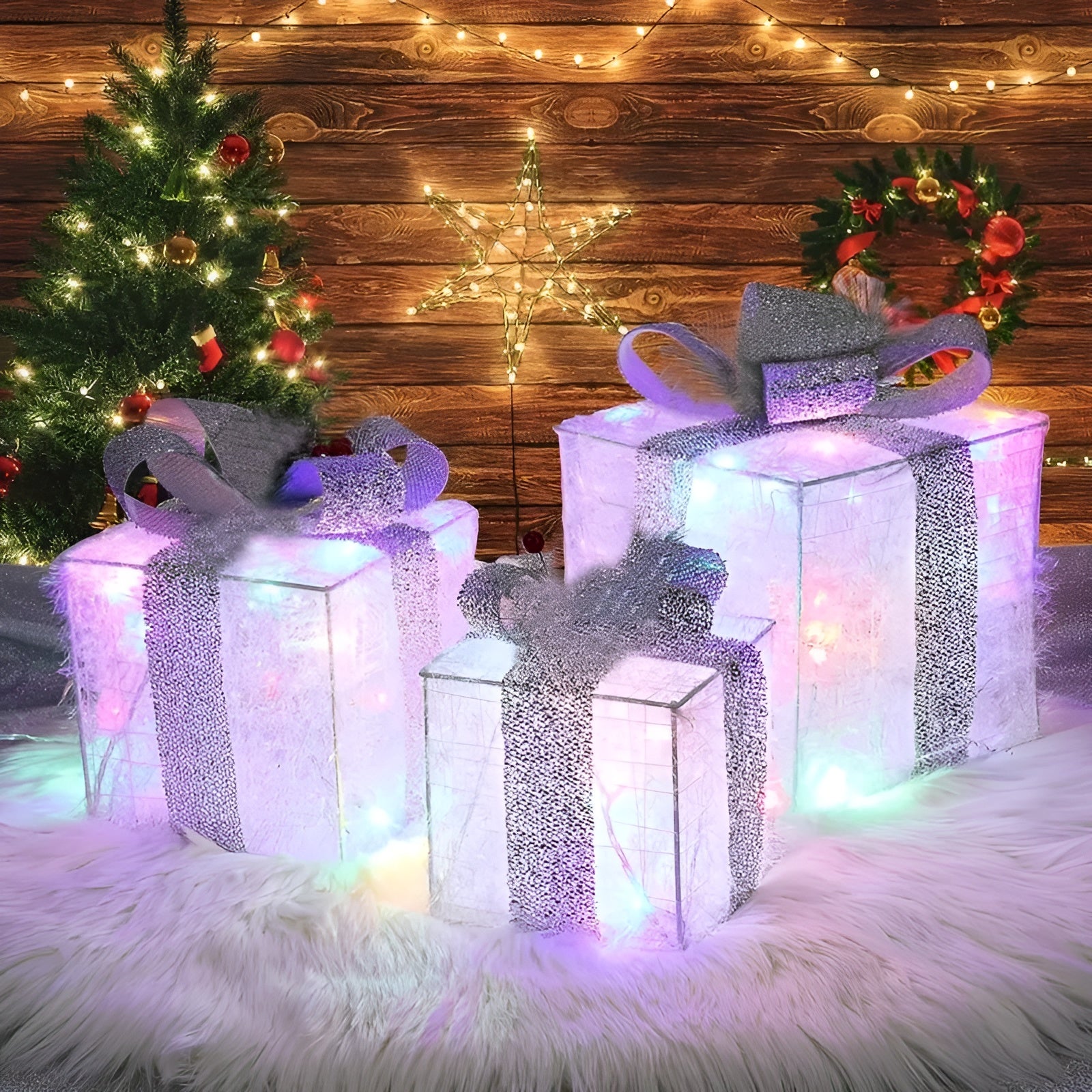 Leuchtende Weihnachtsgeschenkboxen – Set mit 3 Deko-Boxen | Mit warmweißen & bunten Lichtern für festliche Stimmung im Zuhause