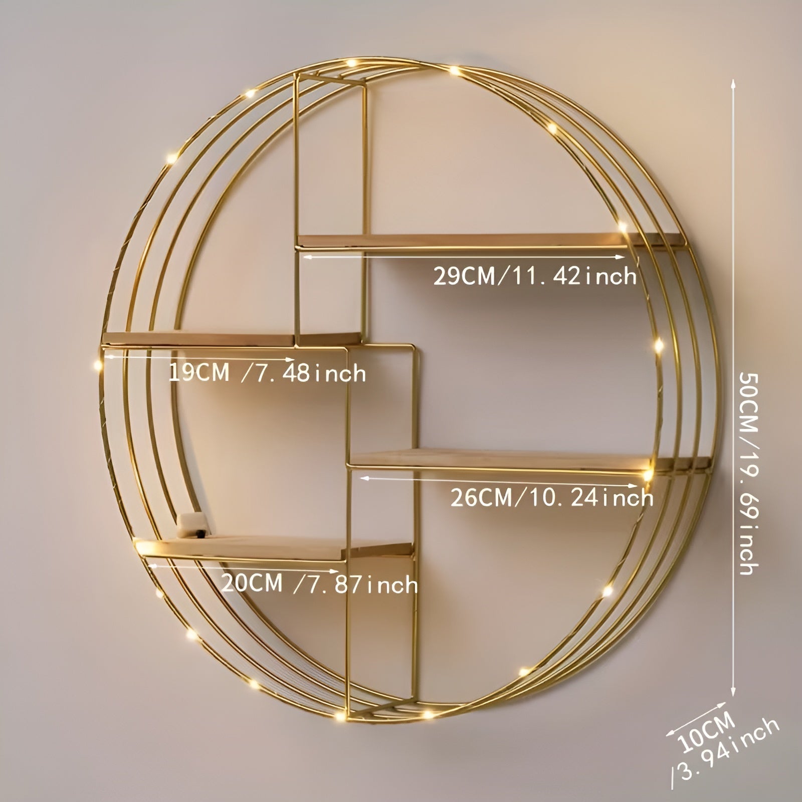 Runde Wandregal mit 4 Ebenen – Retro Design aus Holz & Metall | Dekoratives Hängeregal für Wohnzimmer Bad &