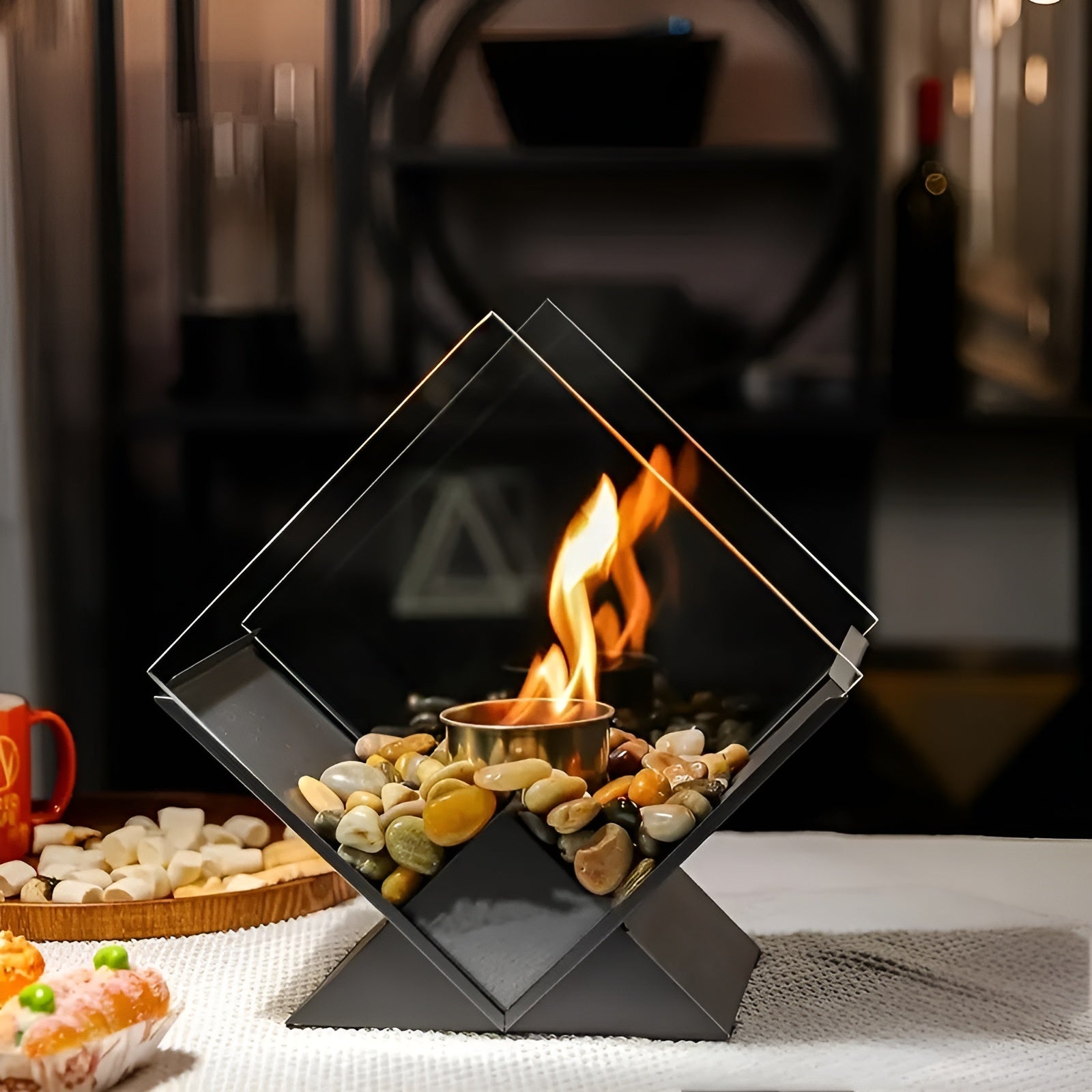 Tischkamin mit Steindeko – Stilvolles Ethanol-Feuer | Perfekt für Wohnzimmer & Balkon