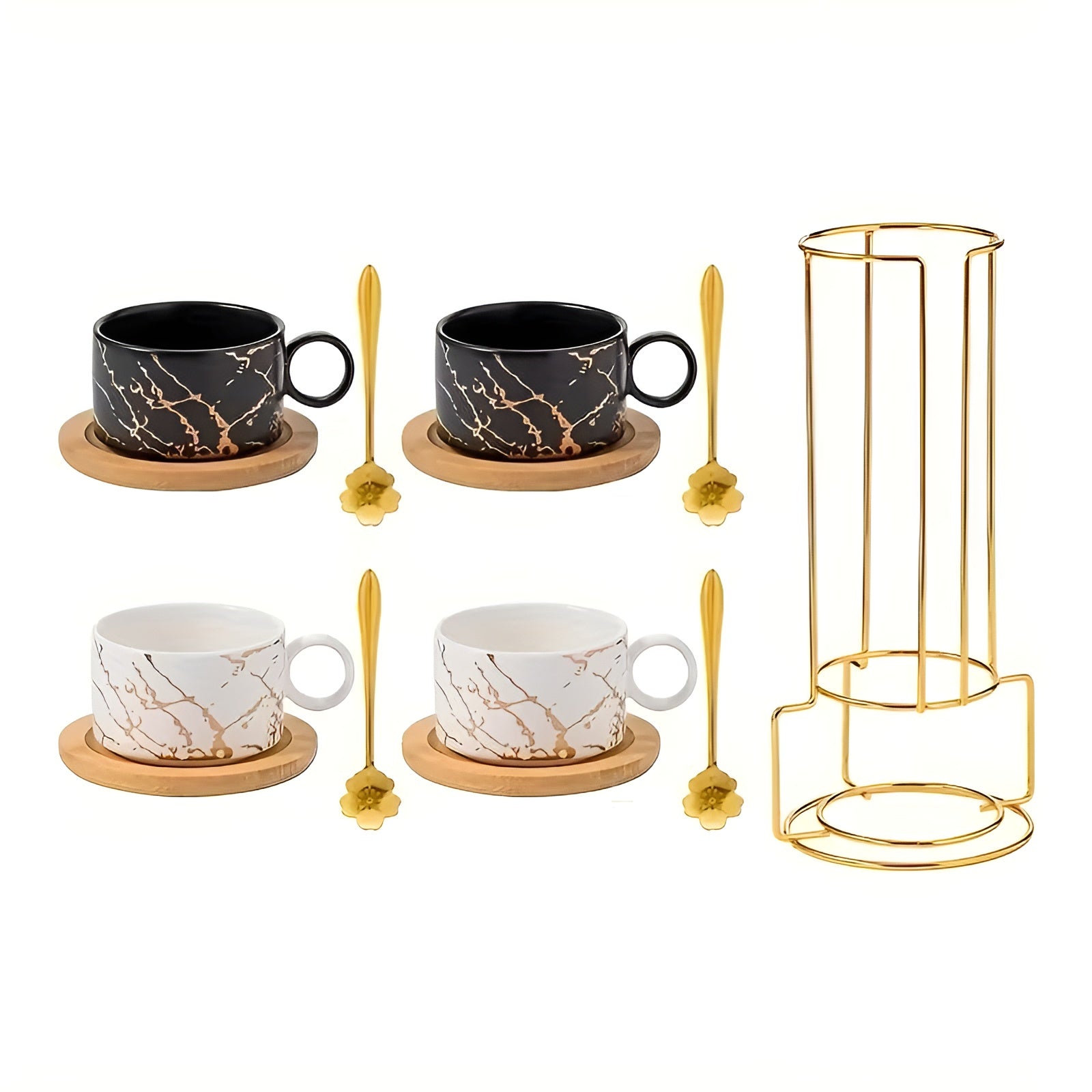 Keramik-Kaffeetassen Set (4-teilig) – Stapelbar mit Marmordesign | Mit Holzuntersetzer & Goldständer - Kaffeetasse