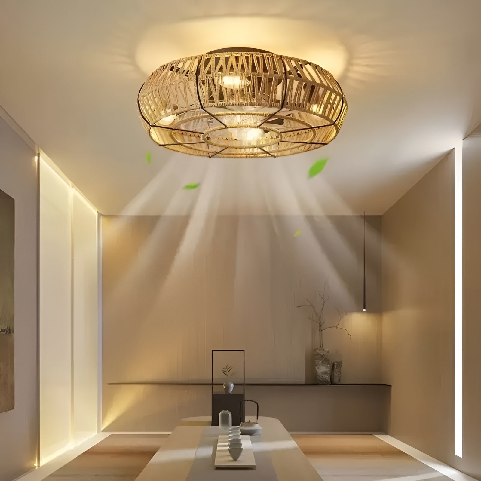 Deckenventilator mit Rattanlampe – Handgeflochten & Vintage-Stil | Für Wohnräume