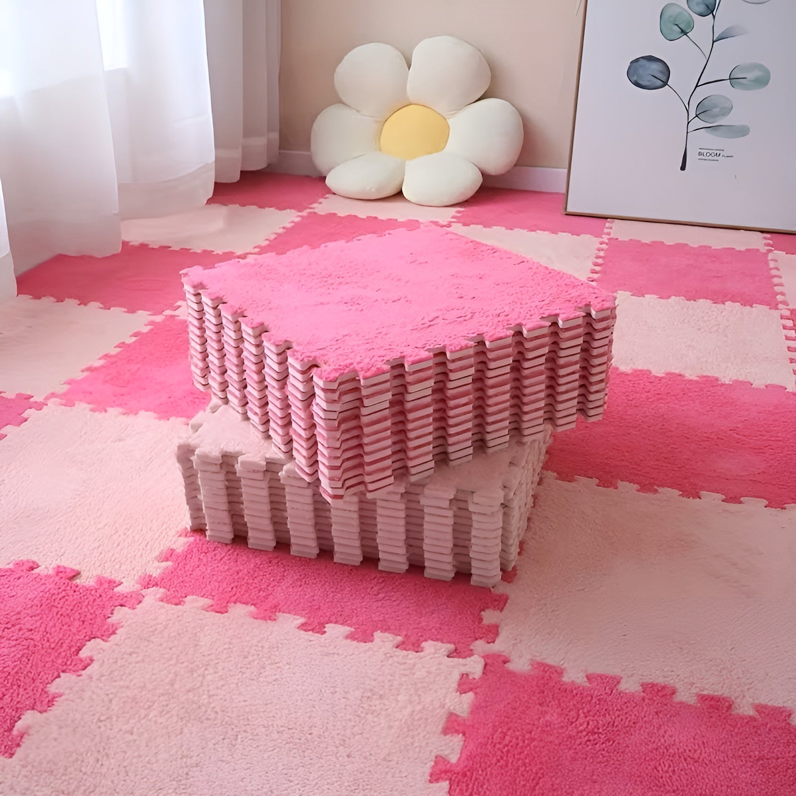 Dicker Flauschiger Teppich – Weich und Gemütlich | Perfekt für Schlafzimmer Wohnzimmer & Haustiere - 12 Stück Rosa + 12