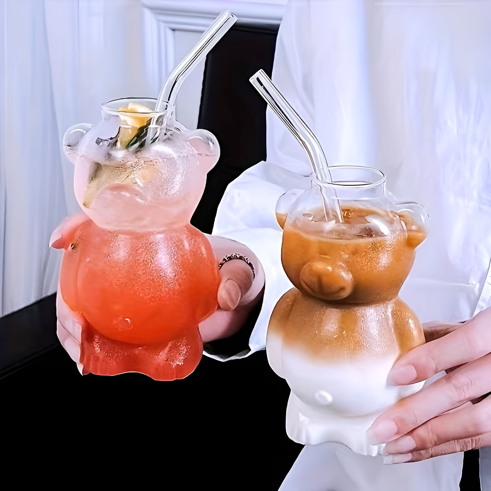 Bär Glasbecher Set (2-teilig) – Niedliches Design aus Borosilikatglas | Mit Glasstrohhalm für Kaffee & Cocktails